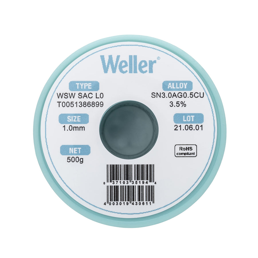 Weller Lead Free Solder Wire WSW SAC L0 (T0051386899), Dia: 1.0 mm / 0.039 in, Wt: 500 g / 17.637 oz, Alloy Sn96.5Ag3.0Cu0.5, Flux content 3.5%