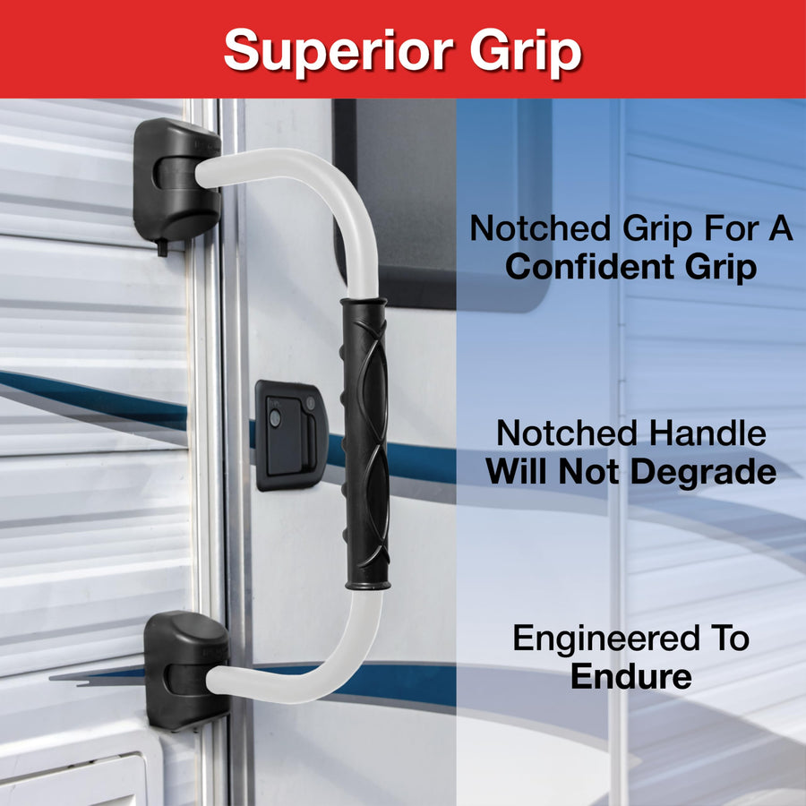 GripSafe Handrail Assist RV Designer R122 - Locking Folding Aluminum Grab Handle with Notched Grip - Safe Entry Assist for RV Door - Easy Installation, 22 Inch, White