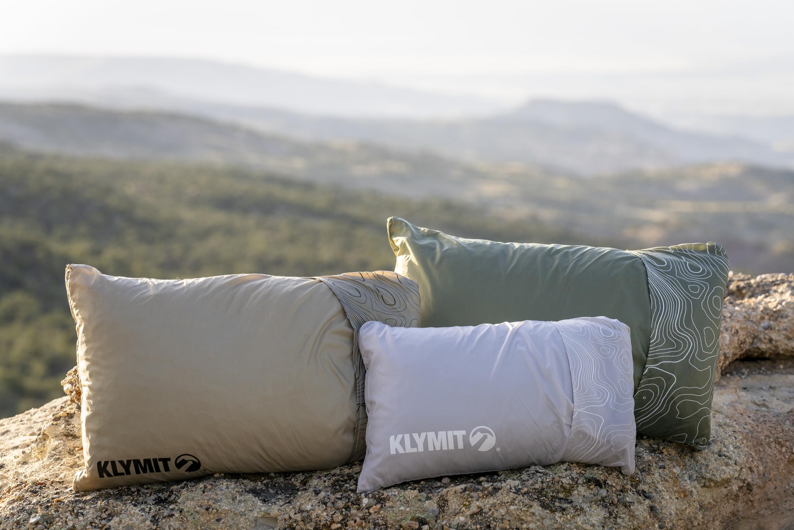 KLYMIT Camping Drift Pillow | Lightweight, Travel Head Rest for Sleep Filled with Shredded Memory Foam, Reversible Outer Cover for Extended Use, Regular Size — Tan