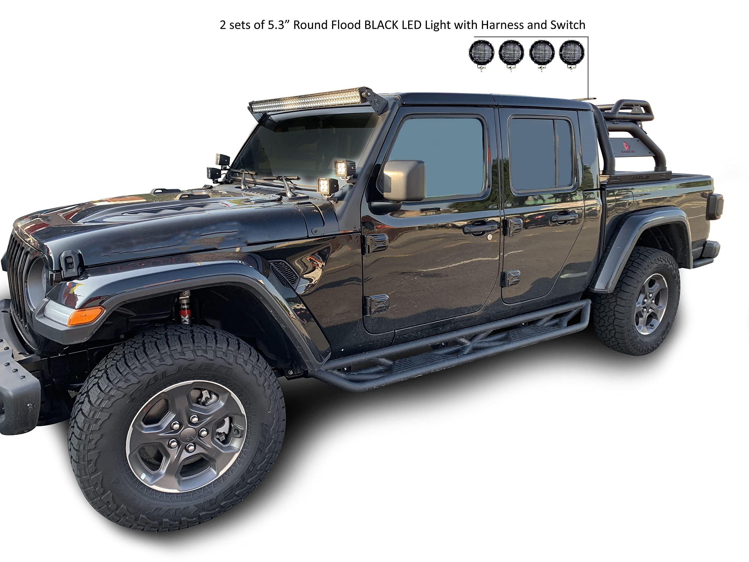 ATLAS Black Horse Roll Bar Incl. Set of 5.3"Dia.LED Lights w/Black Trim Rings Compatible with 2020-2024 Jeep Gladiator-ATRB9BK-PLFB