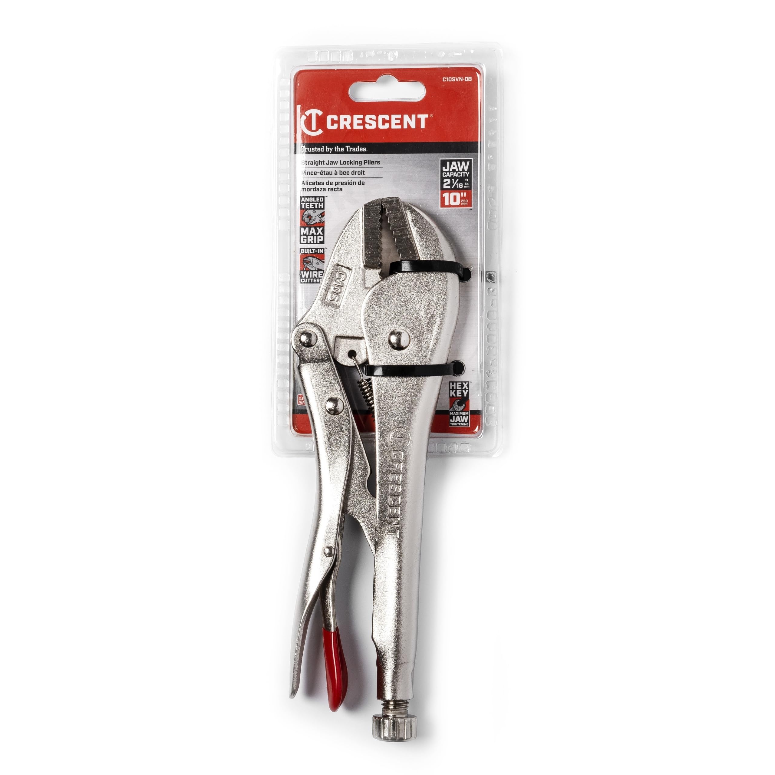 Crescent Locking Pliers Straight Jaw - Premium Pliers with Compound Action & Angled Tooth Pattern - Professional Hand Tool - 10" - C10SVN-08