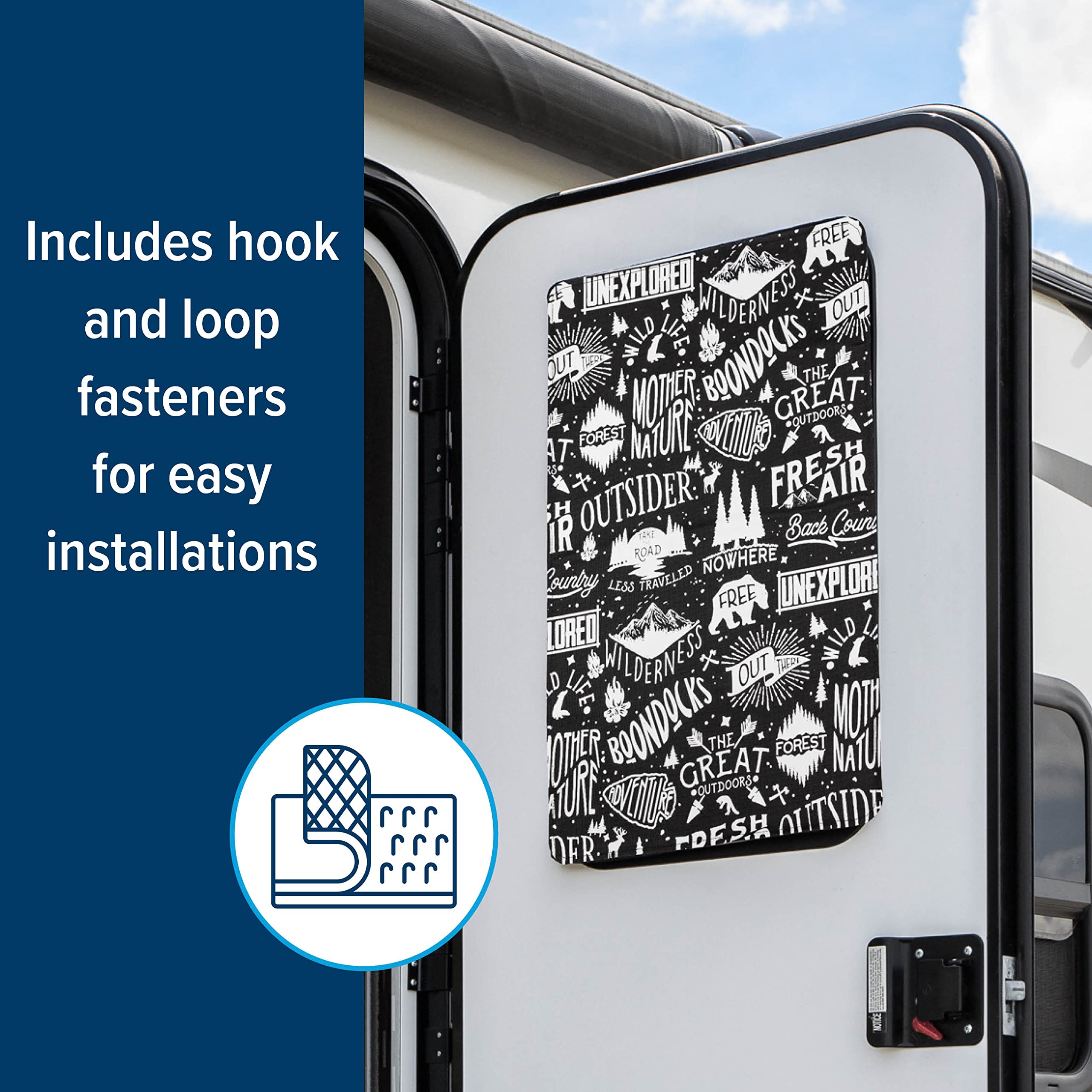Camco RV Door Window Life is Better at The Campsite Light Blocking Shade | Helps Keep The Interior Temperature Cooler in Hot Weather | Provides Added Privacy | (53052)