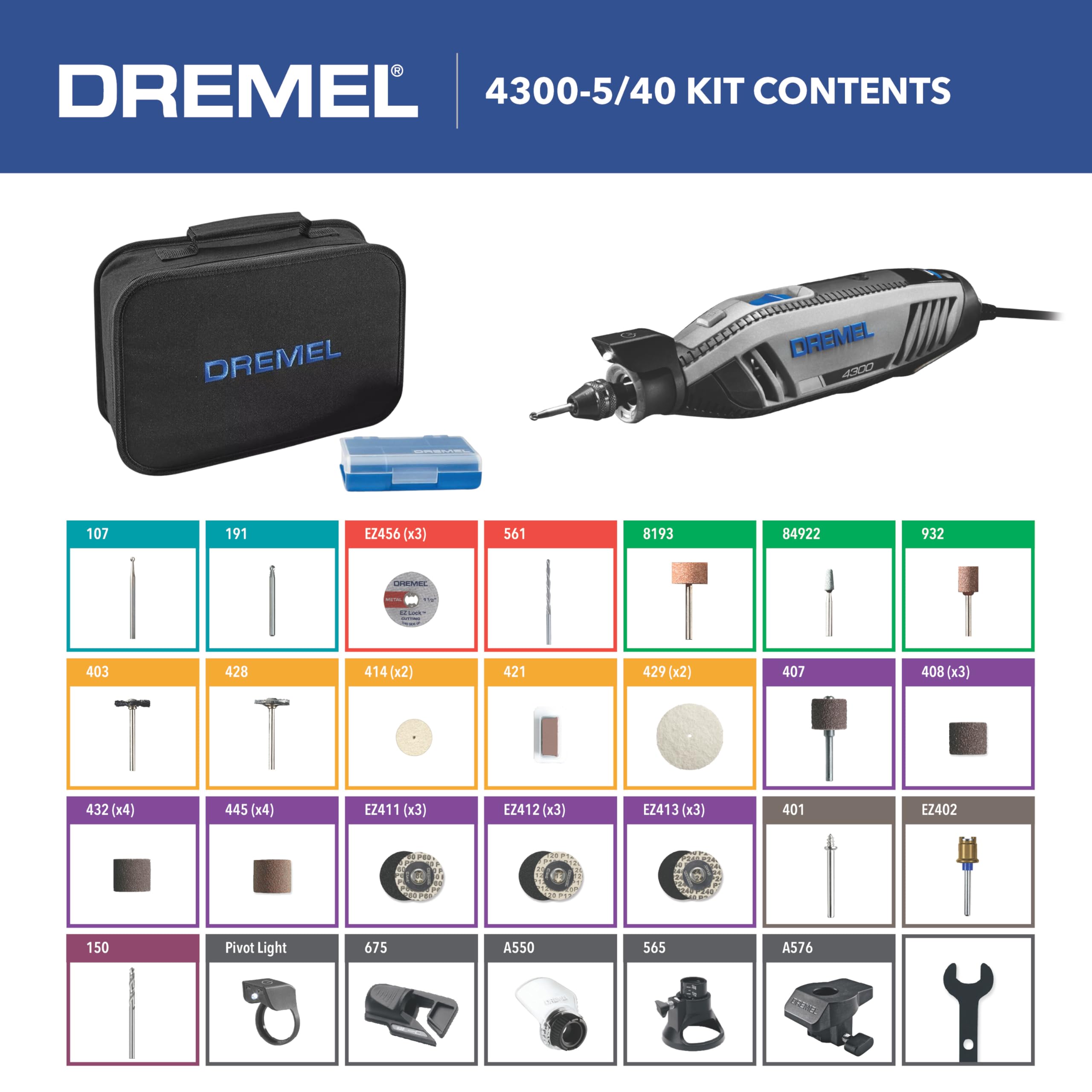 Dremel High Performance 4300-5/40 Rotary Tool Kit with LED Light- 5 Attachments & 40 Accessories - Ideal for Grinding, Cutting, Wood Carving, Sanding, and Engraving