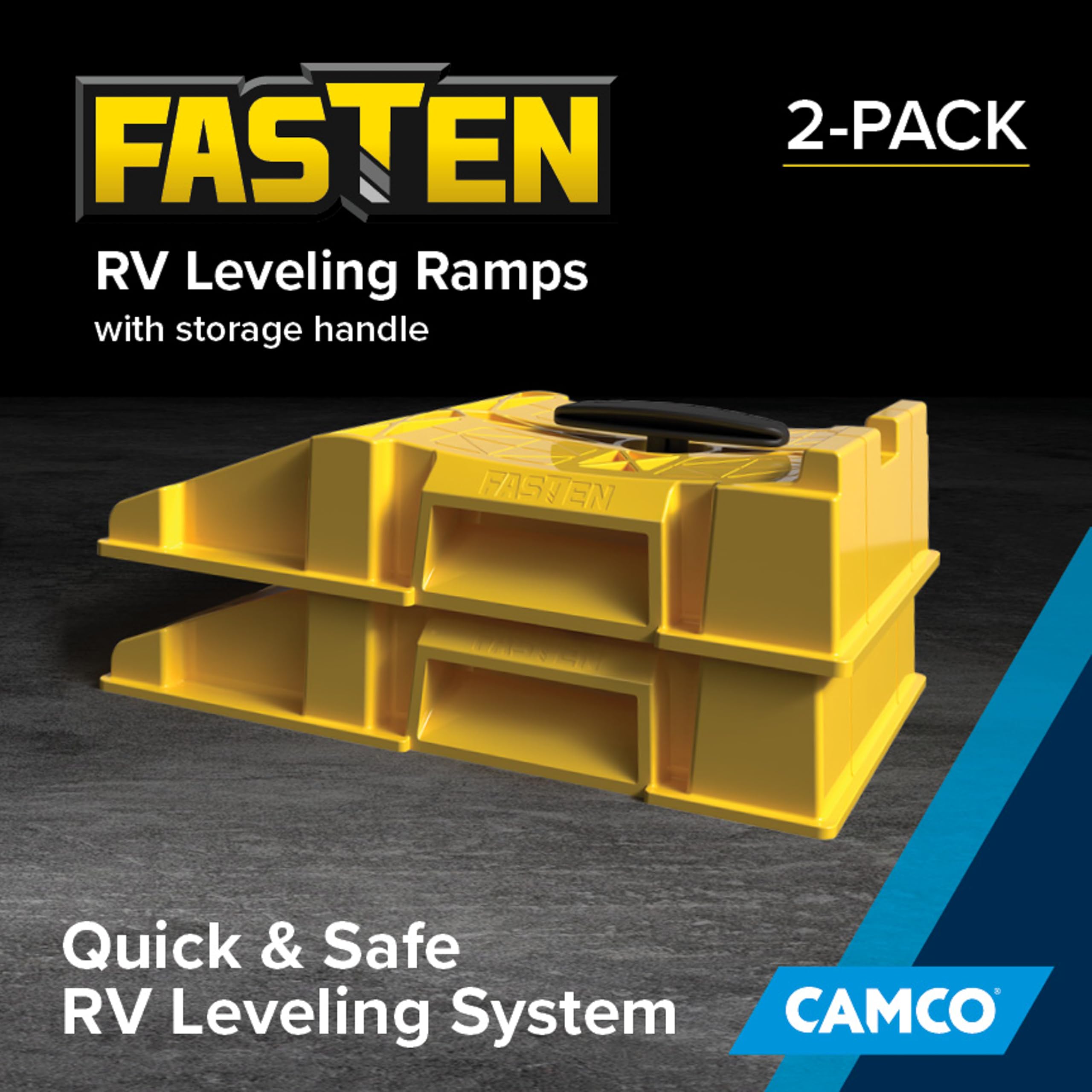 Camco Premium Fasten RV Leveling Trailer Ramps w/Convenient Handle - Nesting Design for RV Storage - Compatible w/Square Leveling Blocks - 2-Pack (44535)