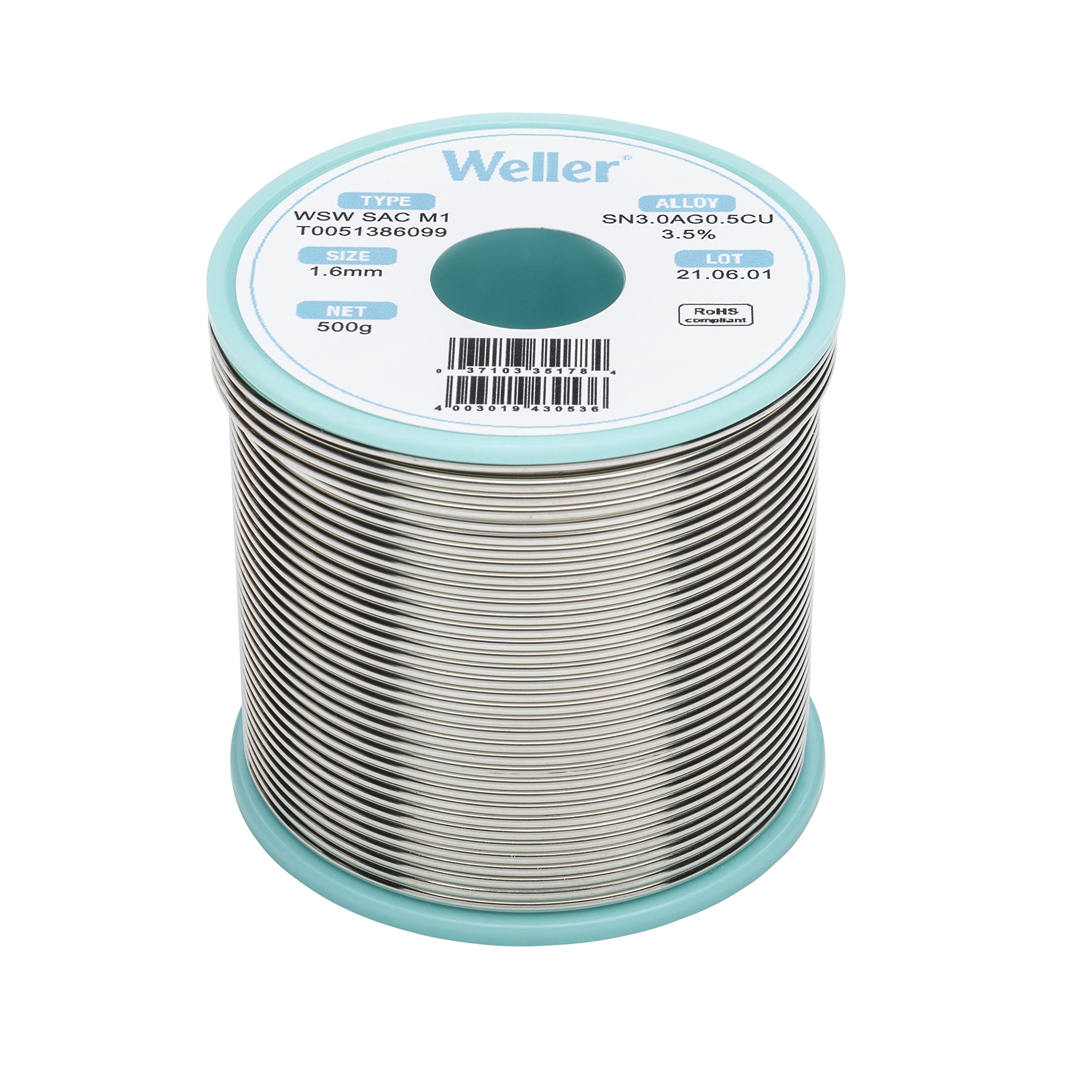 Weller M1 WSW SAC (T0051386099) Lead Free Solder Wire, Dia: 1.6 mm / 0.063 in, Wt: 500 g / 17.637 oz, Alloy Sn96.5Ag3.0Cu0.5, Flux content 3.5%