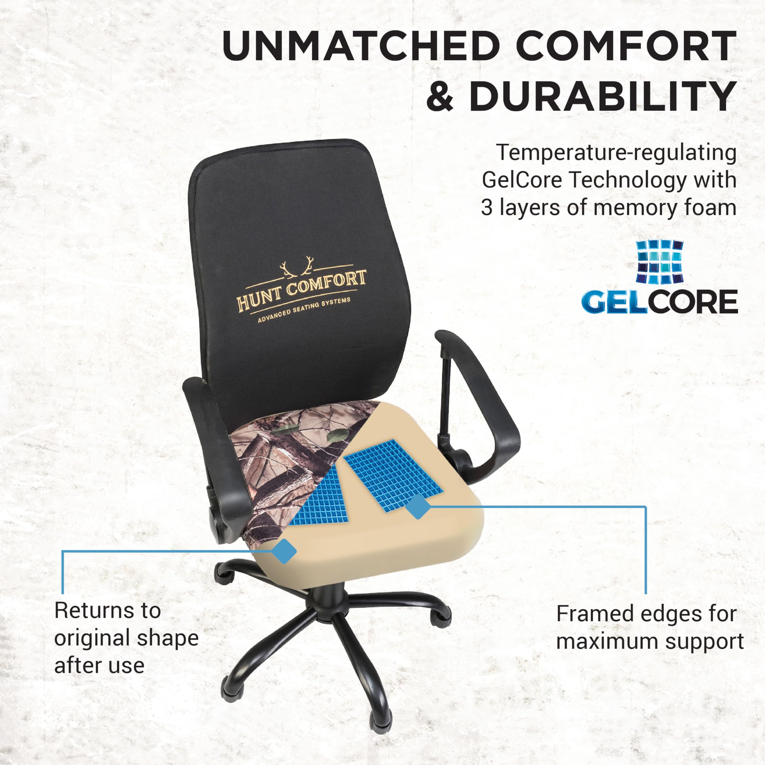 Hunt Comfort 360 Degree GelCore Versatile Hunting Blind Seat and Office Chair Support with Threaded Height Adjustment, Black/Printed (HCDC20)