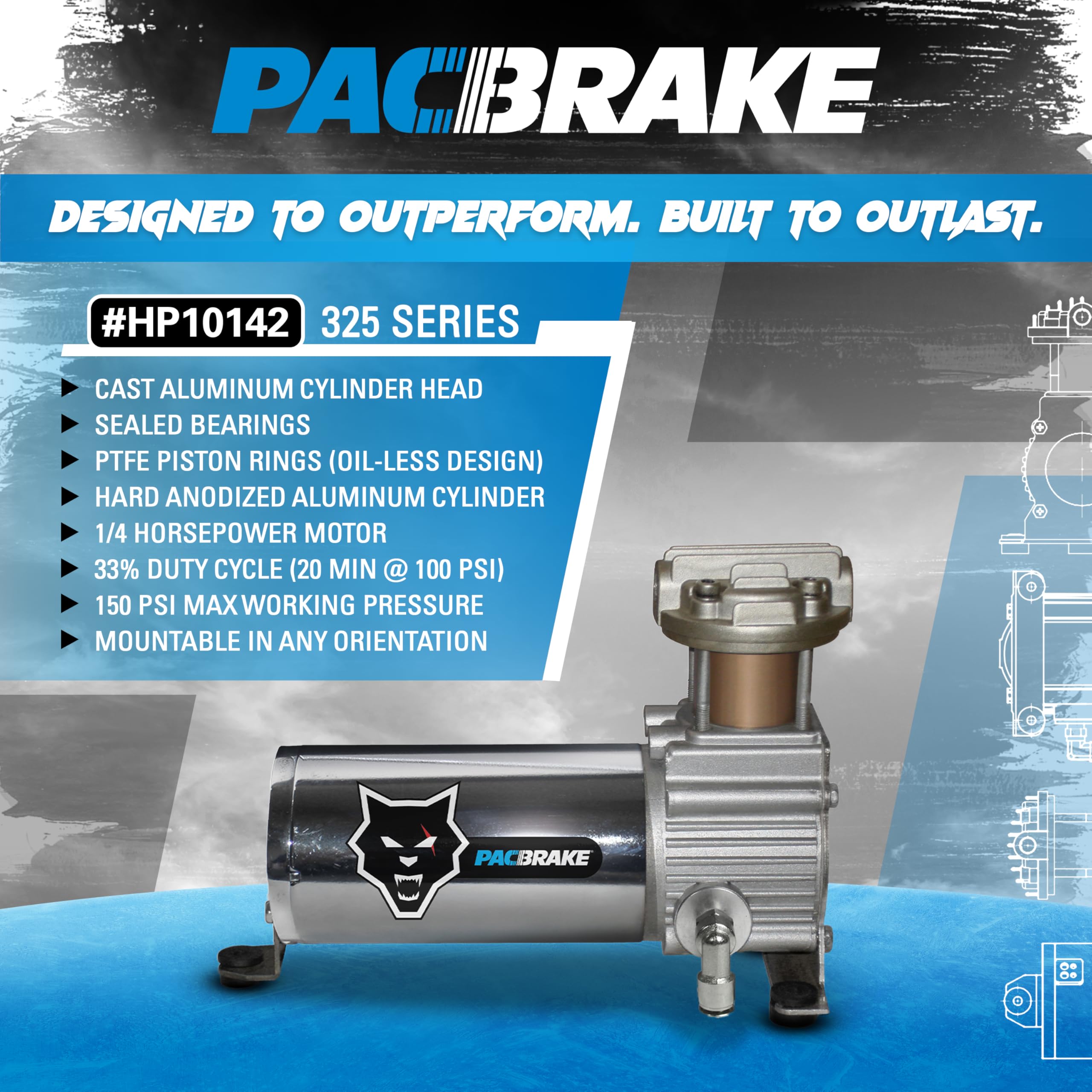 Pacbrake Basic HP10142 Air Compressor Kit | Includes Installation Hardware | Oil-less Design | Heavy-Duty Construction | 150 PSI Max Working Pressure | 33% Max Duty Cycle