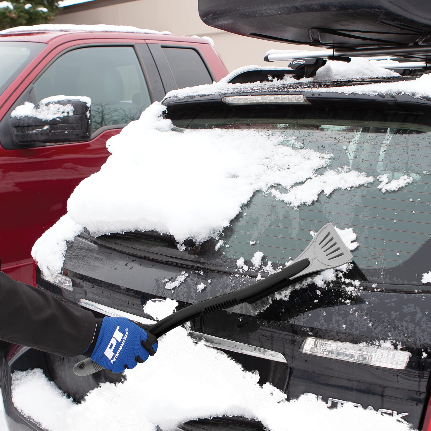 W1461 Performance Tool Ice Scraper/Snow Brush Tool - Dual-Function Winter Accessory for Easy Removal of Ice and Snow from Car Windshields and Roofs