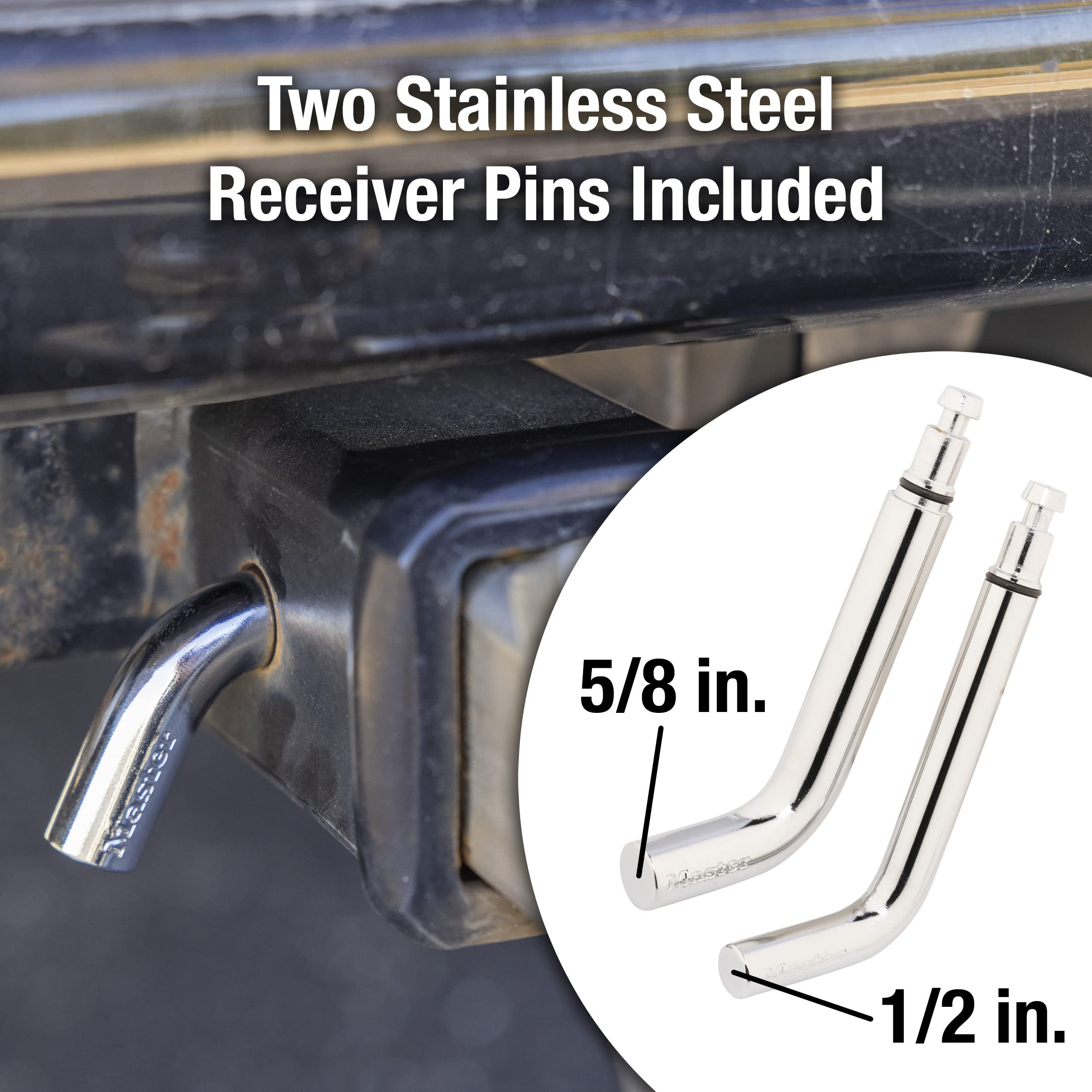 Master Lock 2866DAT Receiver Lock, 1/2 in. and 5/8 in. Swivel Head, Weather Resistant Trailer Coupler Locking Hitch Pin with Keys for Protecting Trailers, RVs