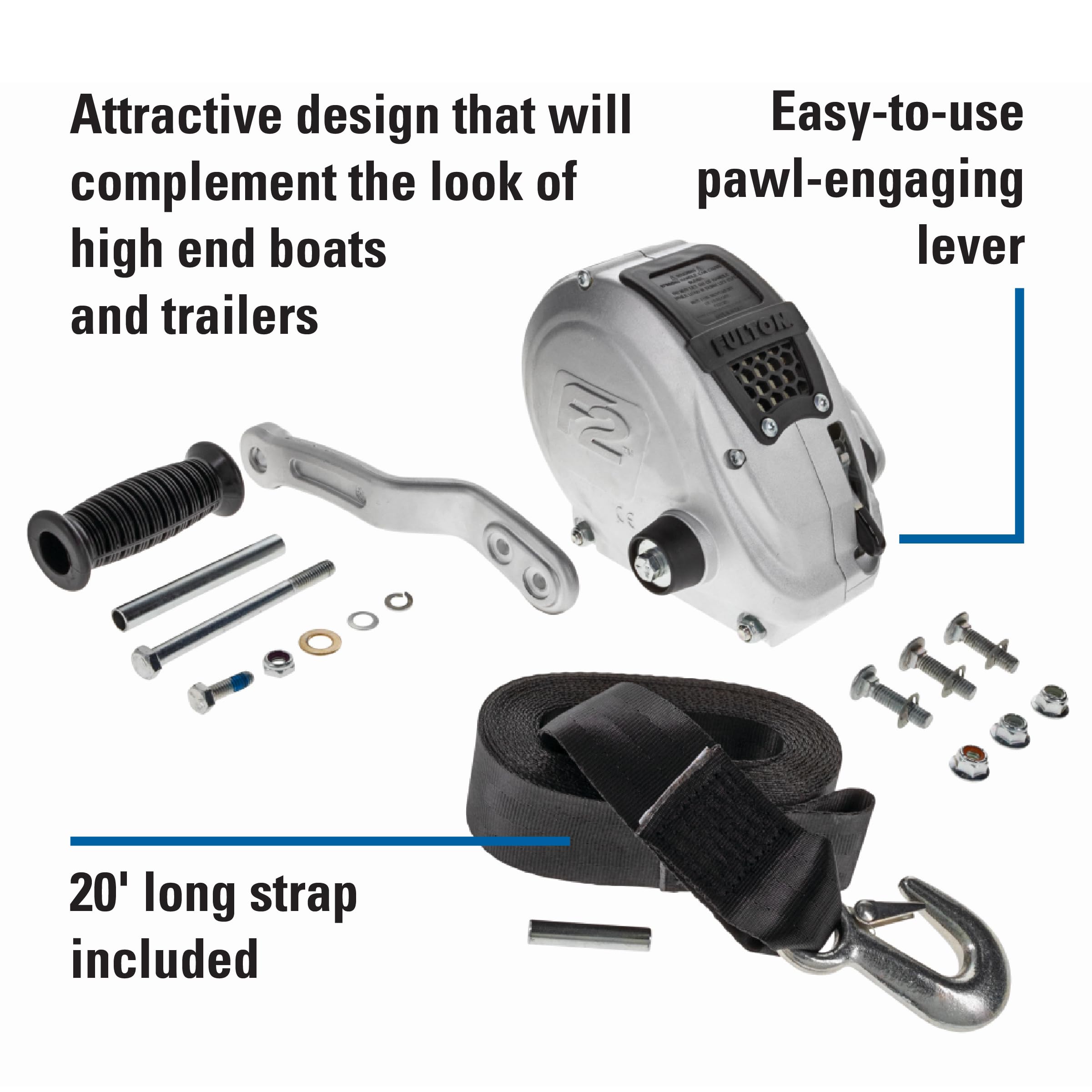 Fulton F2 Boat Trailer Winch with 20 Foot Winch Strap with Hook, Single-Speed Hand Crank Winch, 1,600 lbs. Capacity, Dual Gear Drum System