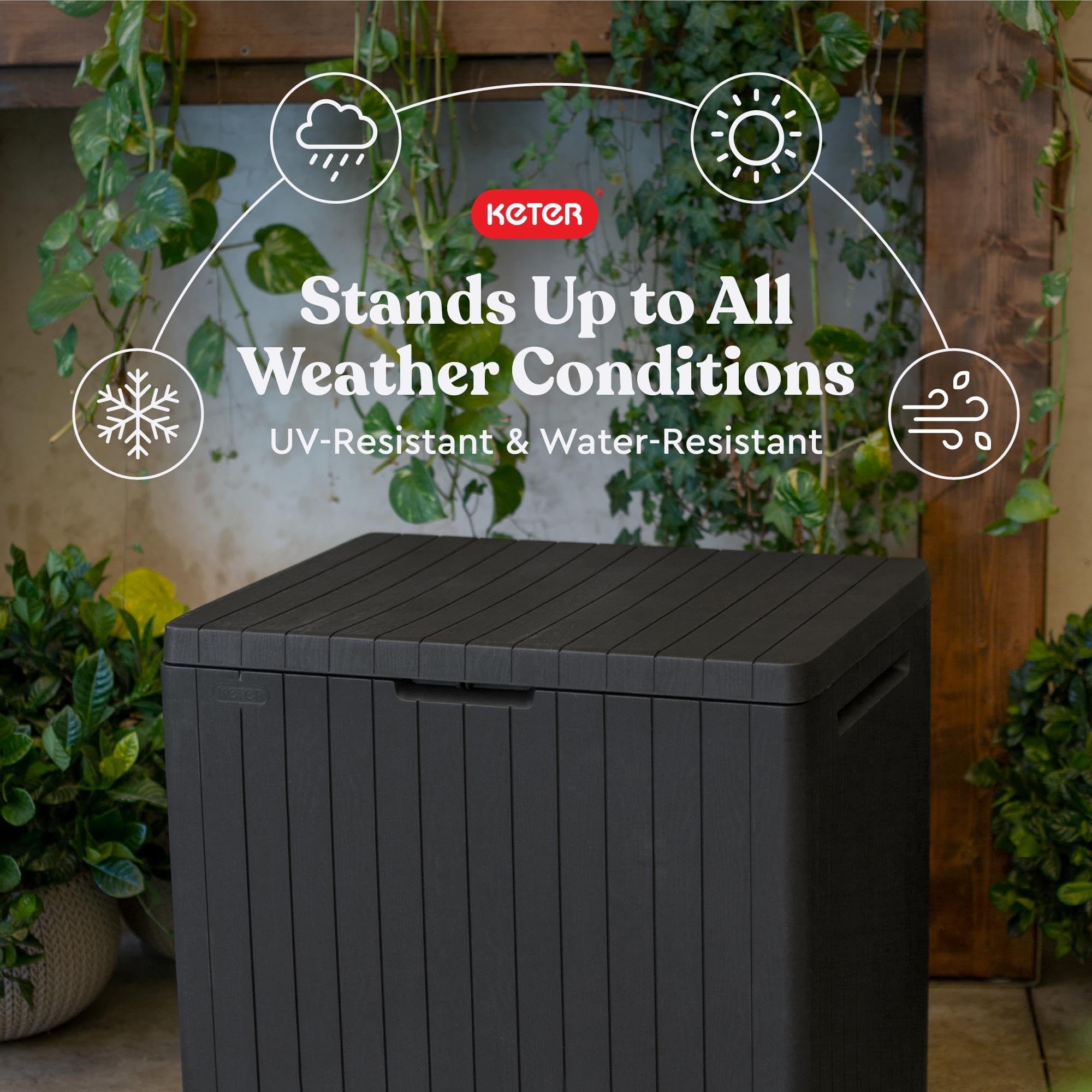 Keter 30 Gallon Resin Outdoor Storage Box and Patio Furniture Side Table for Pool and Garden Accessories, Dark Grey