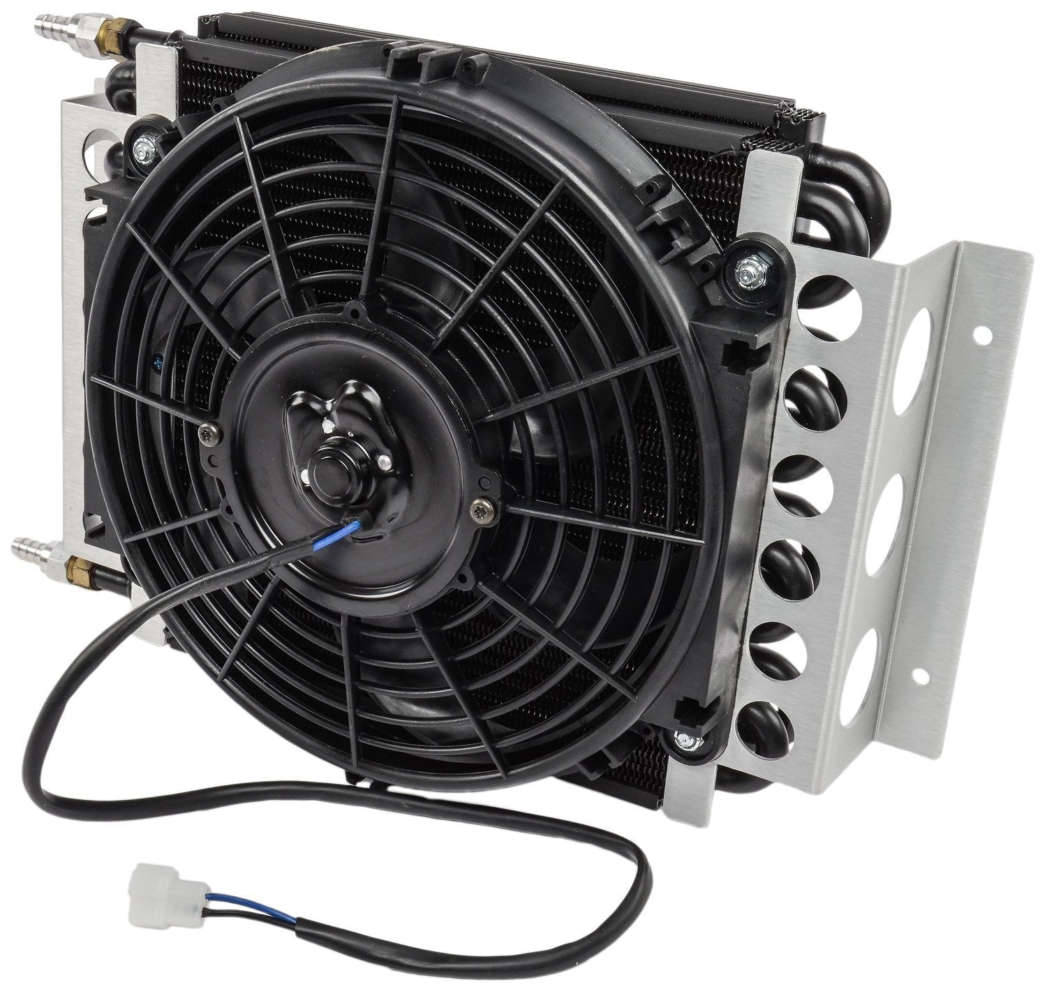 Fluid Cooler and Fan, 15-3/4 x 11-1/2 x 5 in, Tube Type, Fittings, 6 AN Male Inlet/Outlet, Aluminum/Copper, Black Powder Coat, Universal, Each