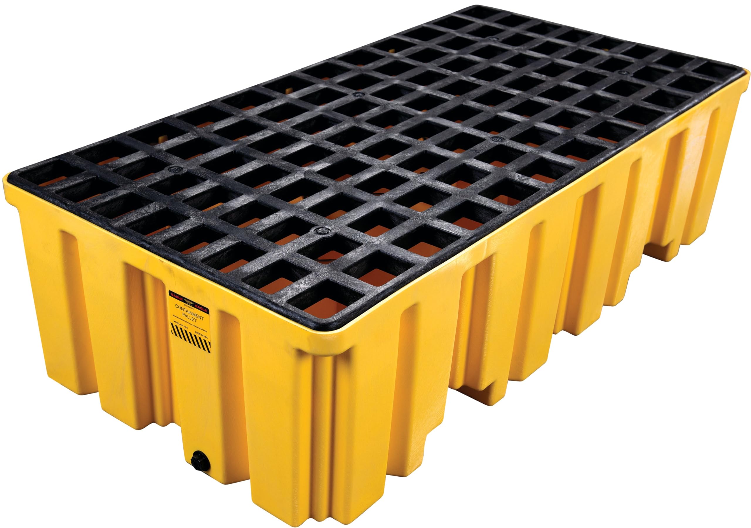 2 Eagle Drum Spill Containment Pallet with Drain and Forklift Pockets, 51.5"x26.25"x13.75", 66 Gallon Sump, 4,000 lbs. Load Capacity Secondary Containment Pallet, Made in USA, Yellow, 1620
