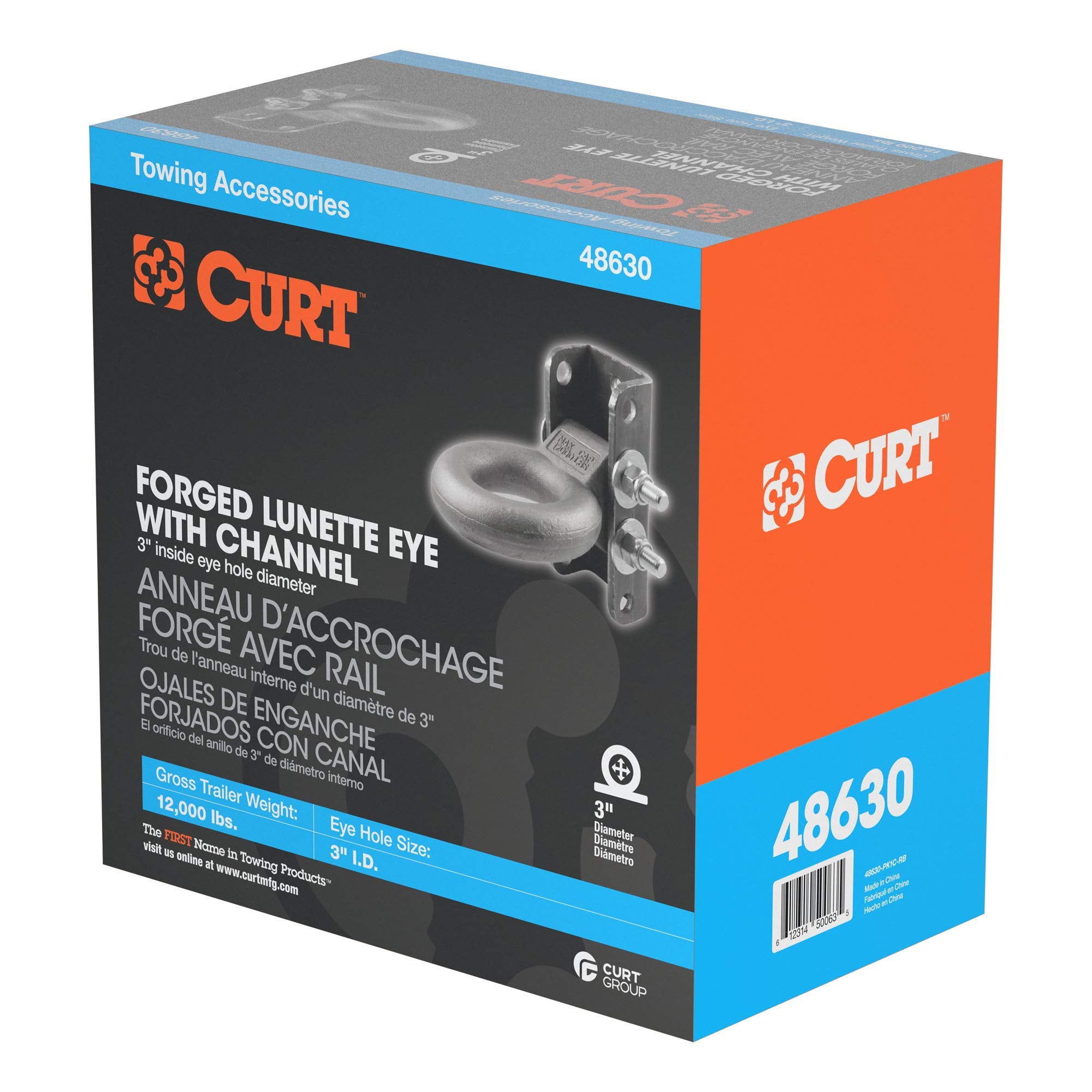 CURT Adjustable Pintle Hitch 48630 Lunette Ring 3-In ID, 12,000 lbs, 7-1/2-Inch Channel Height