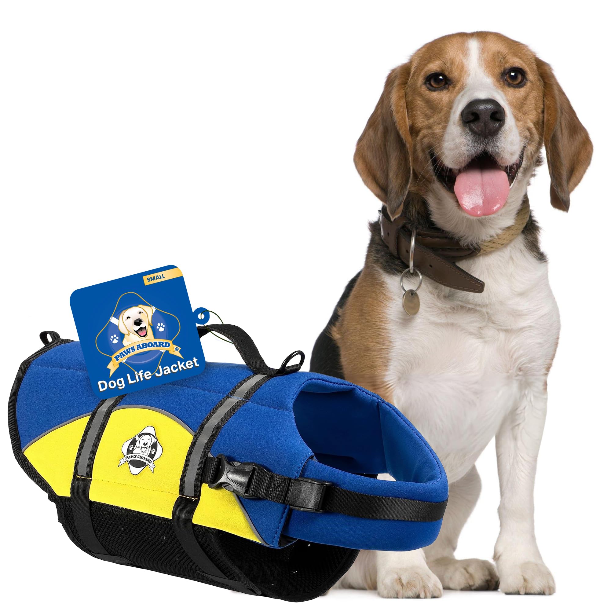 Dog Life Jacket Paws Aboard - Swimming Vest for Dogs, Adjustable, Reflective, Comfortable, Multiple Colors, Patterns, XX-Small to Extra Large Dog Swim Vest with Handle (Blue & Yellow, Small)