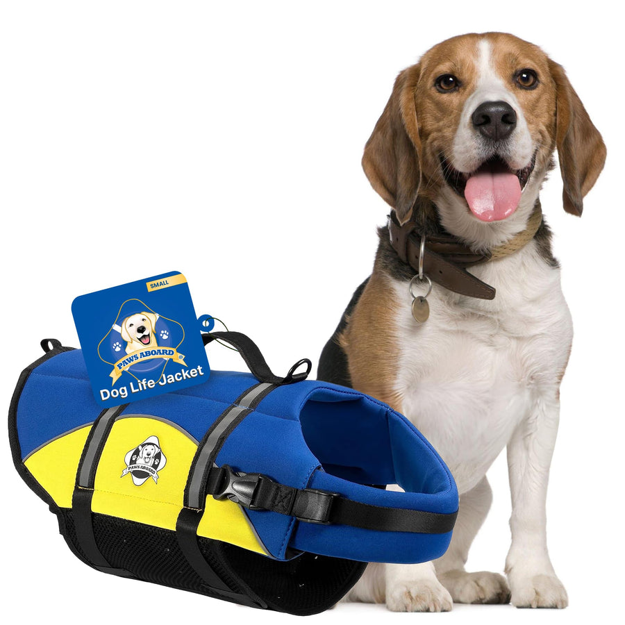 Dog Life Jacket Paws Aboard - Swimming Vest for Dogs, Adjustable, Reflective, Comfortable, Multiple Colors, Patterns, XX-Small to Extra Large Dog Swim Vest with Handle (Blue & Yellow, Small)