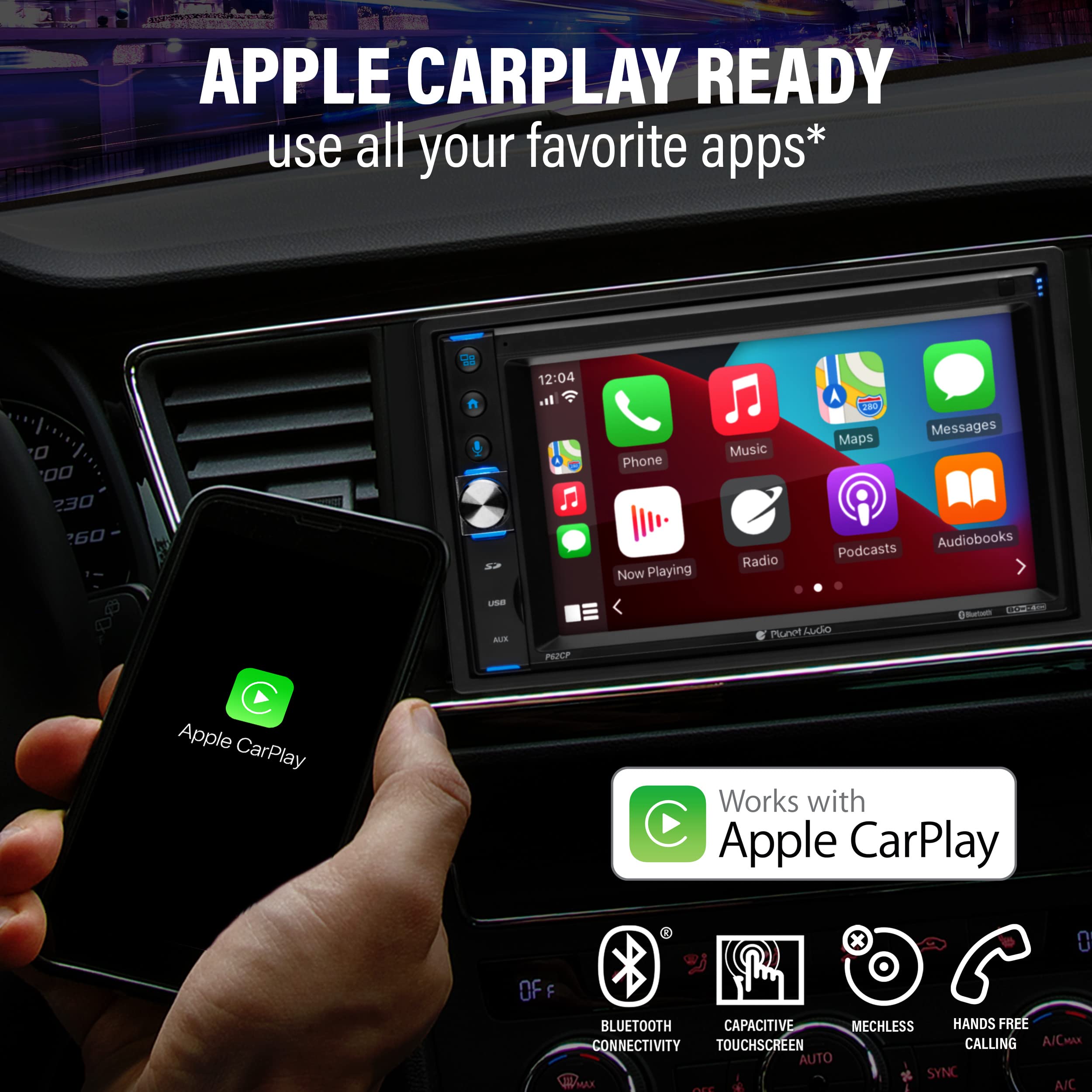 P62CP Planet Audio Car Audio Stereo System - Apple CarPlay, 6.2 Inch Double Din, Touchscreen, Bluetooth Audio and Hands-Free Calling, USB, SD, AM/FM Radio Receiver, No CD Player