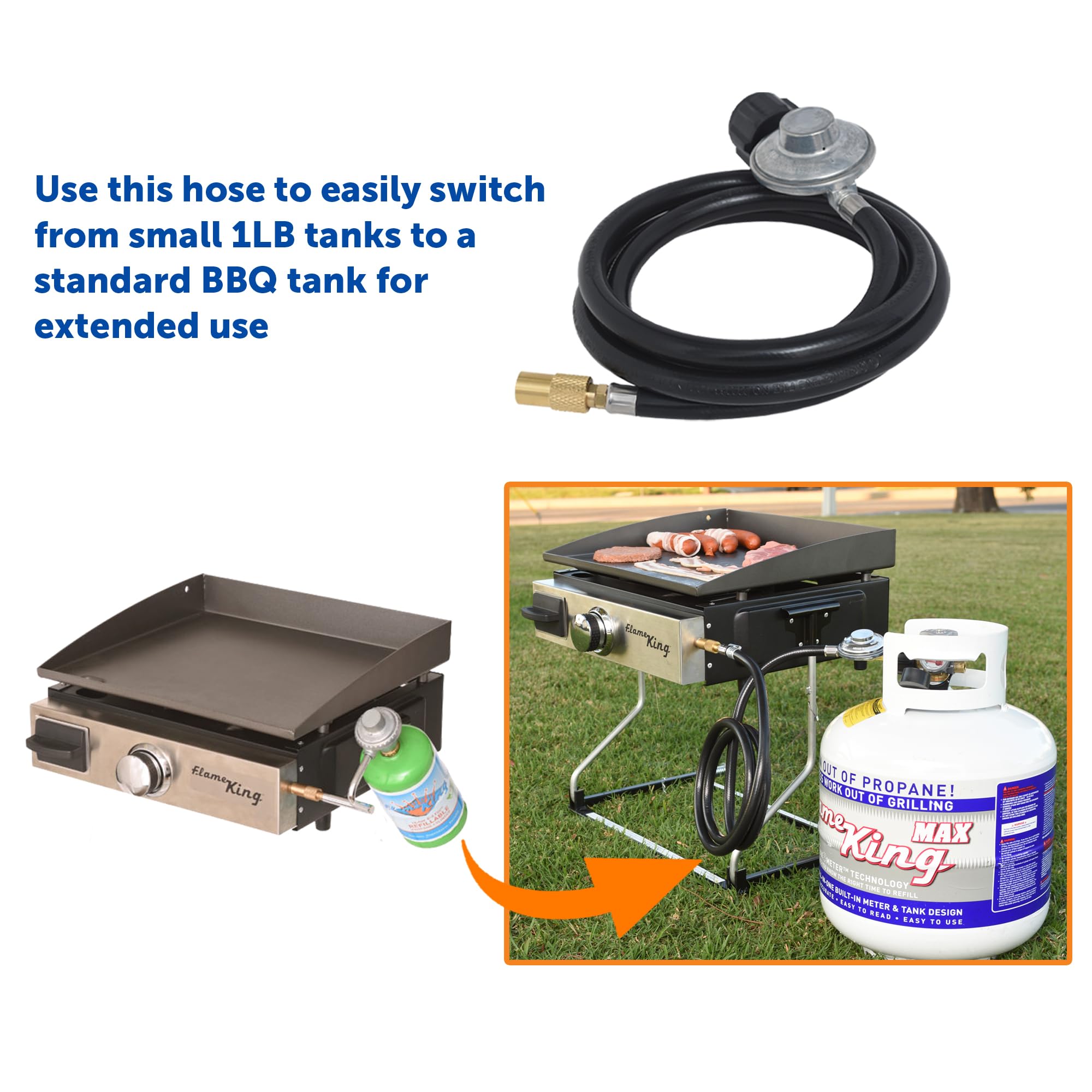 6-FT Flame King Propane Adapter Hose & Regulator for 20LB Tank for 17"/22" Blackstone Tabletop Grill Griddle, Weather Resistant & Corrosion Resistant