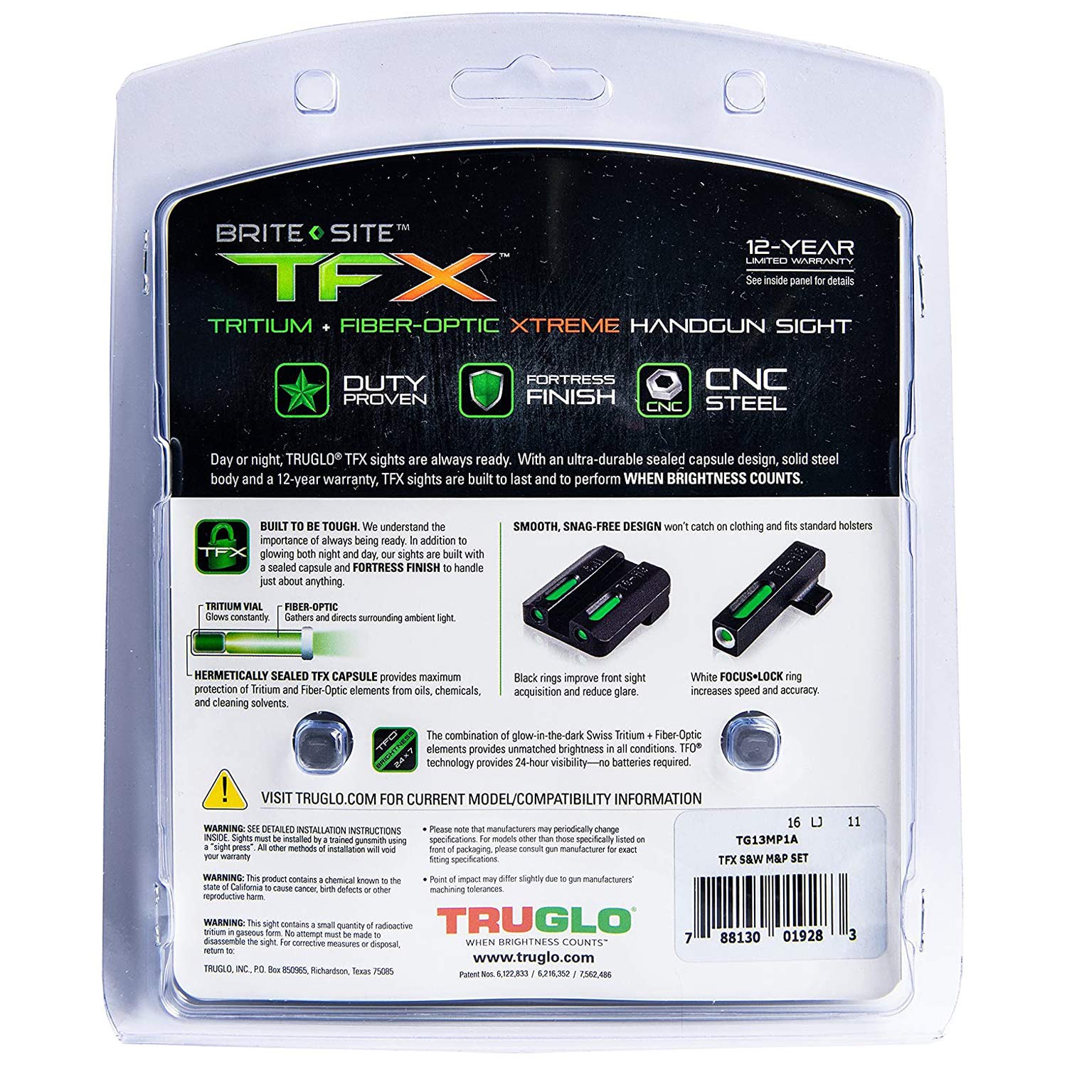 TruGlo Fiber Optic and TFK Tritium Handgun Pistol Sight Accessories with Front Focus Lock, Fortress Finish Protection, Fits Smith & Wesson M&P Models