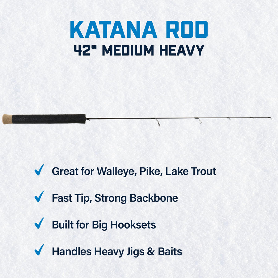 Katana Ice Fishing Rod Clam – 42" Medium Heavy – 30T Solid Graphite Blank with Tsuka Lightweight Handle, Oversized Fly Guides & Carbon Construction – Heavy Power Rod for Pike, Lake Trout & Trophy Fish