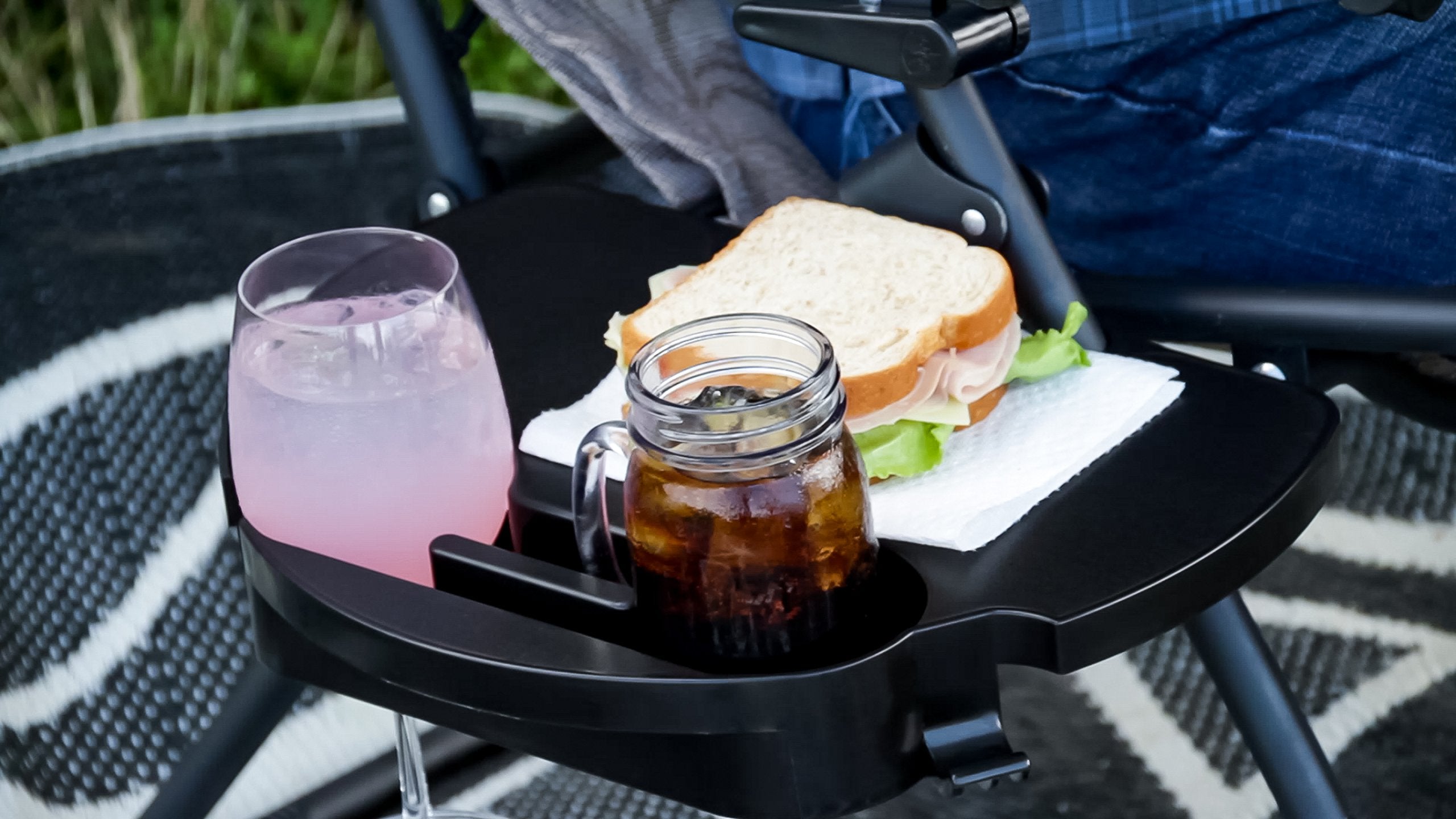 Zero Gravity Chair Tray Camco - Features 2 Cup Holders & Built-in Hook for Bags - Textured Non-Slip Surface & Drainage Holes in Cup Holders (51834)
