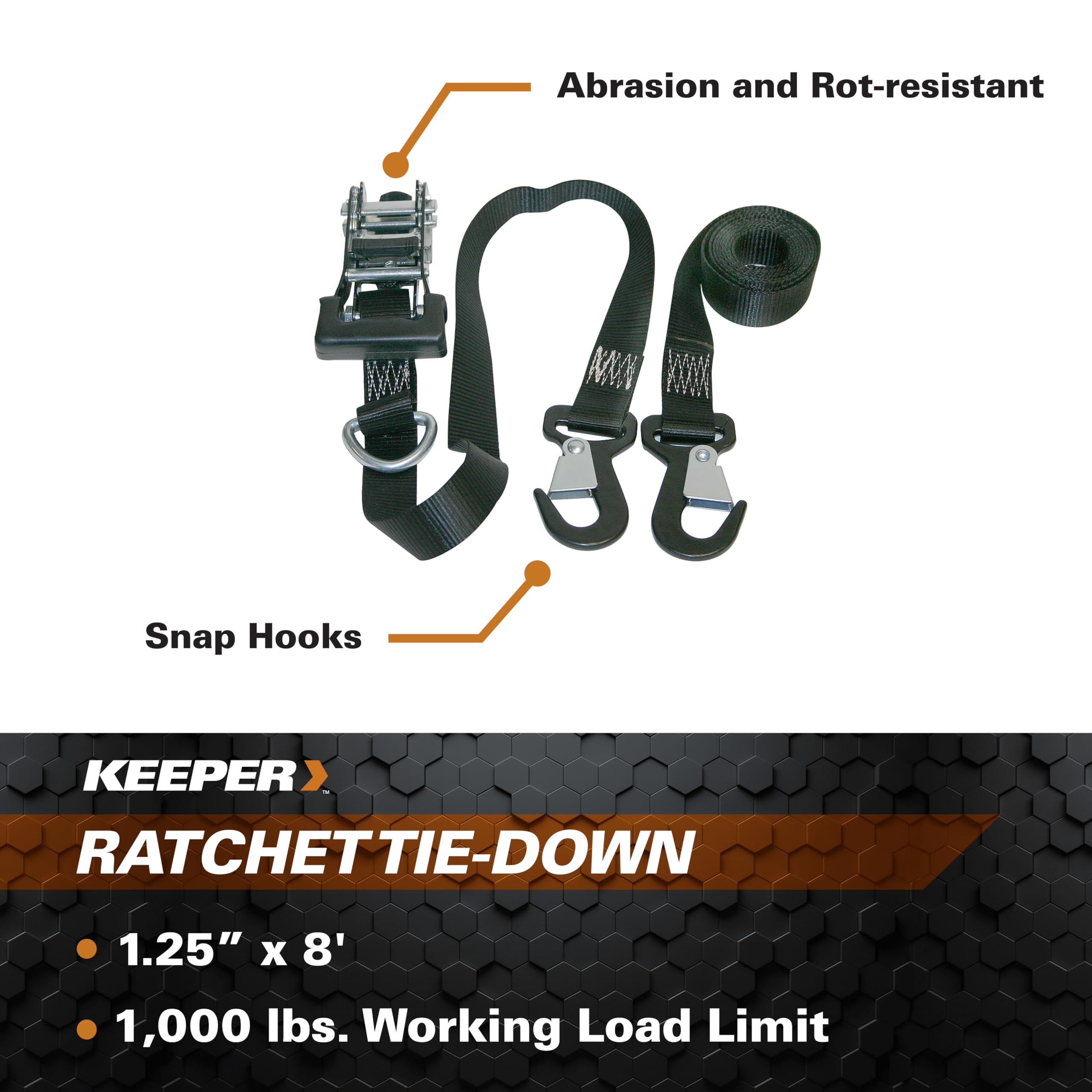 1.25” x 8' High Tension Ratchet Tie-Down Keeper with Snap Hooks, 2 Pack - 1,000 lbs. Working Load Limit