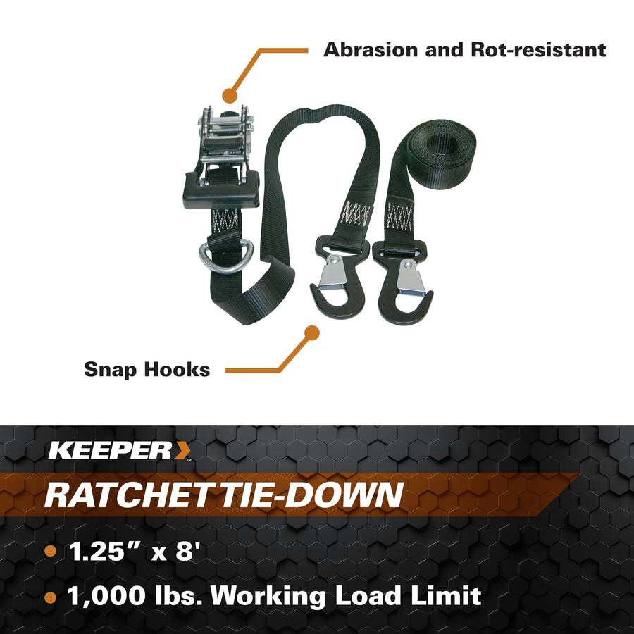 1.25” x 8' High Tension Ratchet Tie-Down Keeper with Snap Hooks, 2 Pack - 1,000 lbs. Working Load Limit