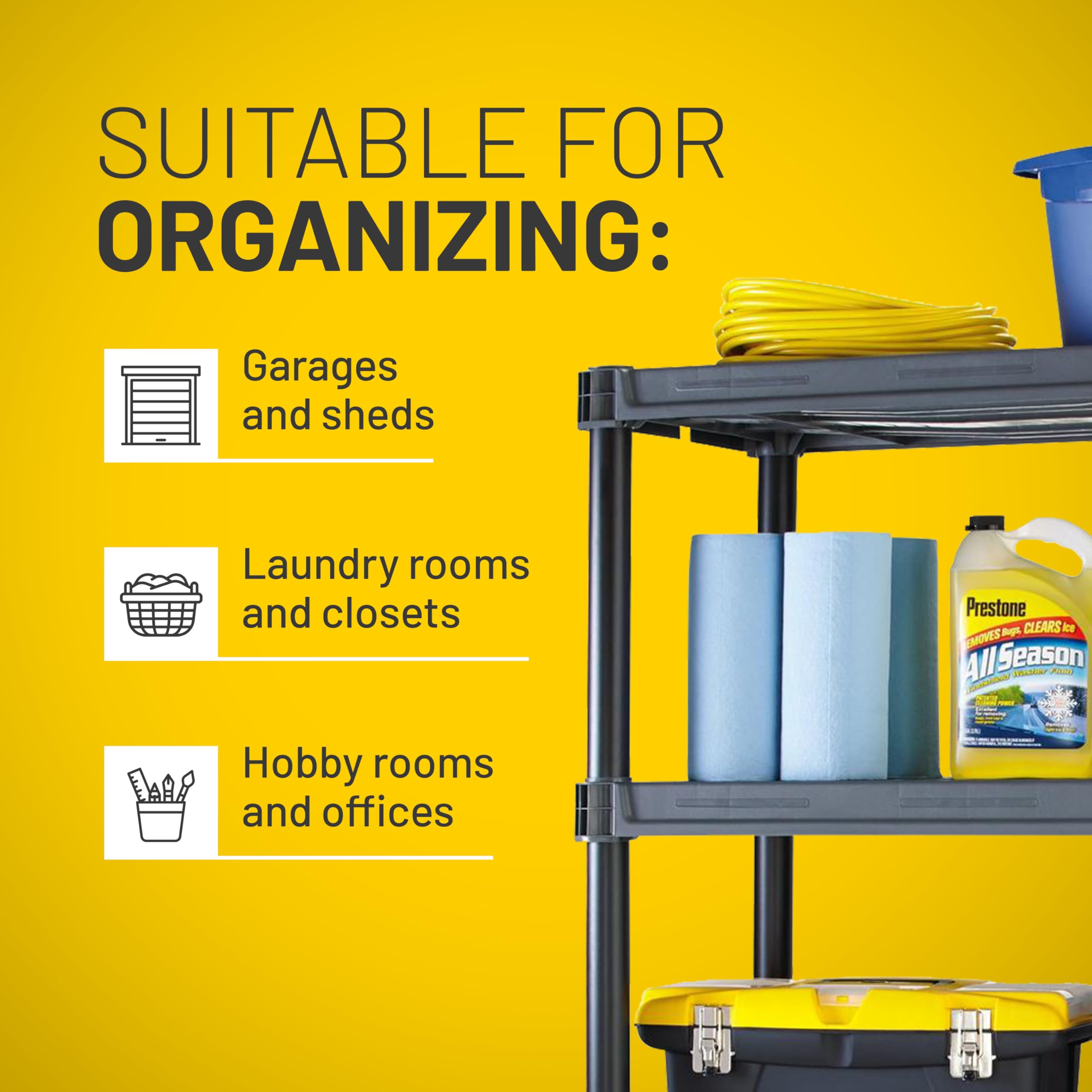 5-Shelf Plano Extra Heavy Duty Plastic Storage Shelves, 72.5” x 36” x 24”, 1000lb Capacity, Pantry, Office, Closet and Garage Shelves, Easy to Assemble, Durable Plastic Shelving Unit