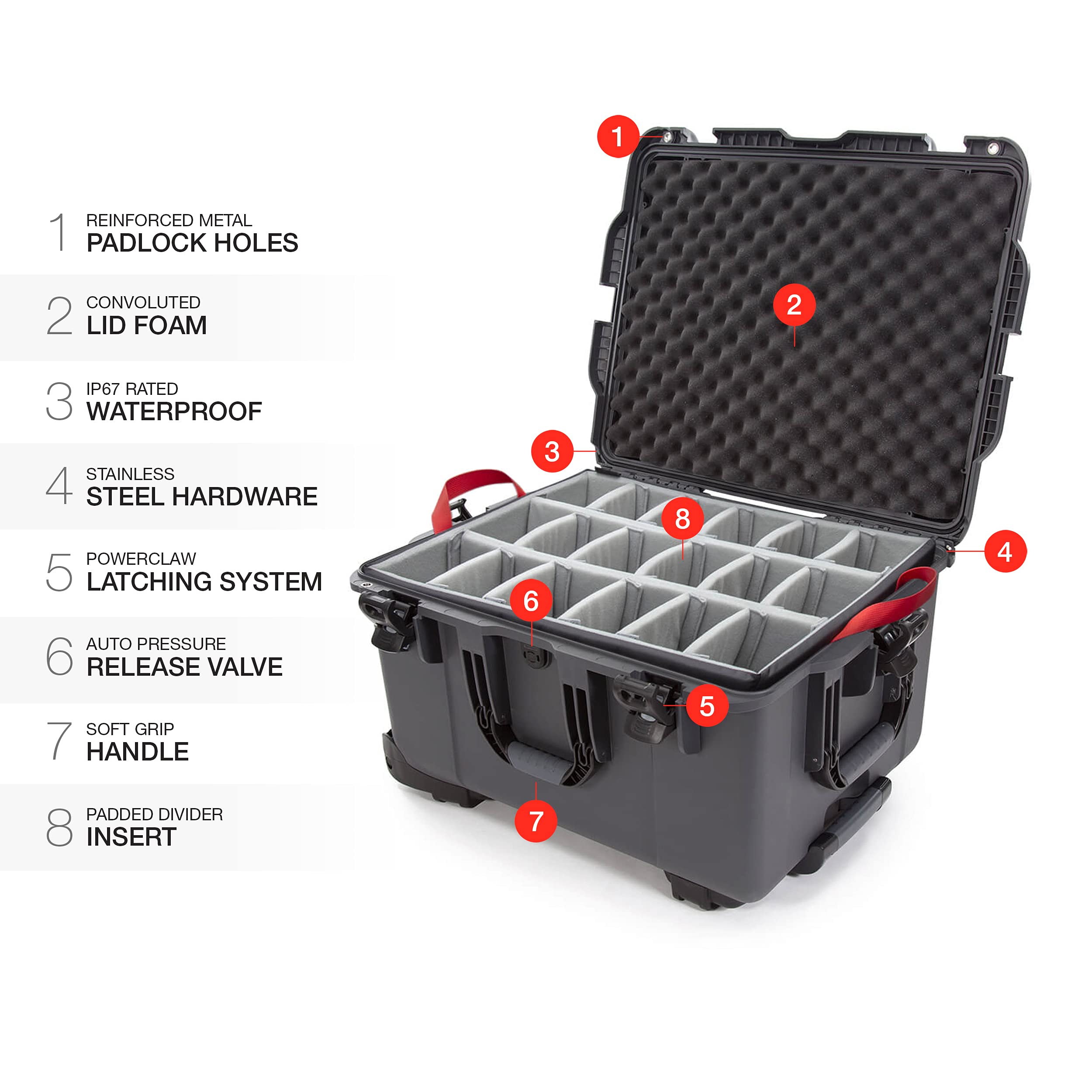 NANUK 960 Wheeled Series Lightweight NK-7 Resin Waterproof Case with Padded Divider, Graphite