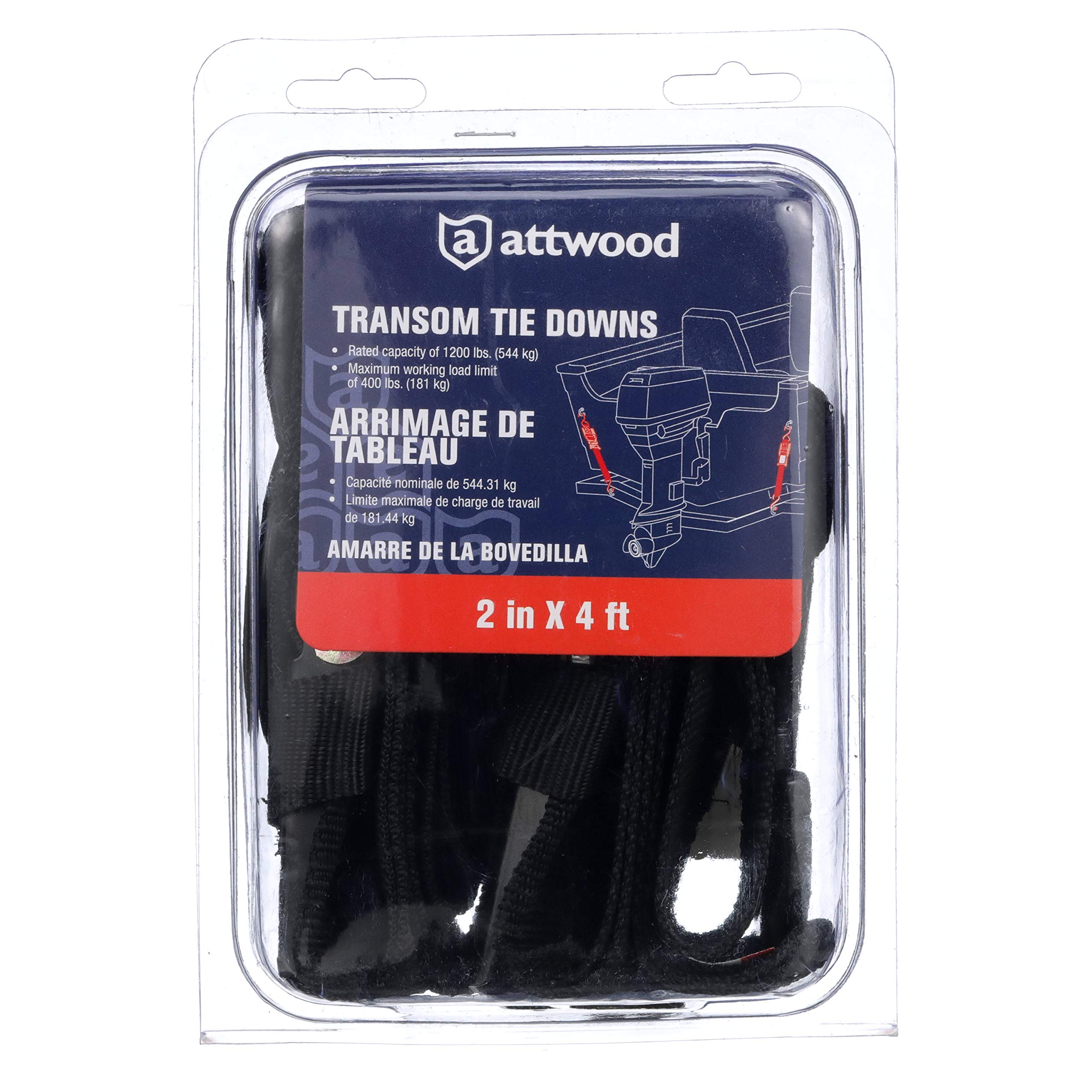Quick-Release Attwood 15232-7 Transom Tie-Down Straps, Trailering, Padded Adjustable Buckle, S-Hooks, 2 Inches Wide, 4 Feet Long