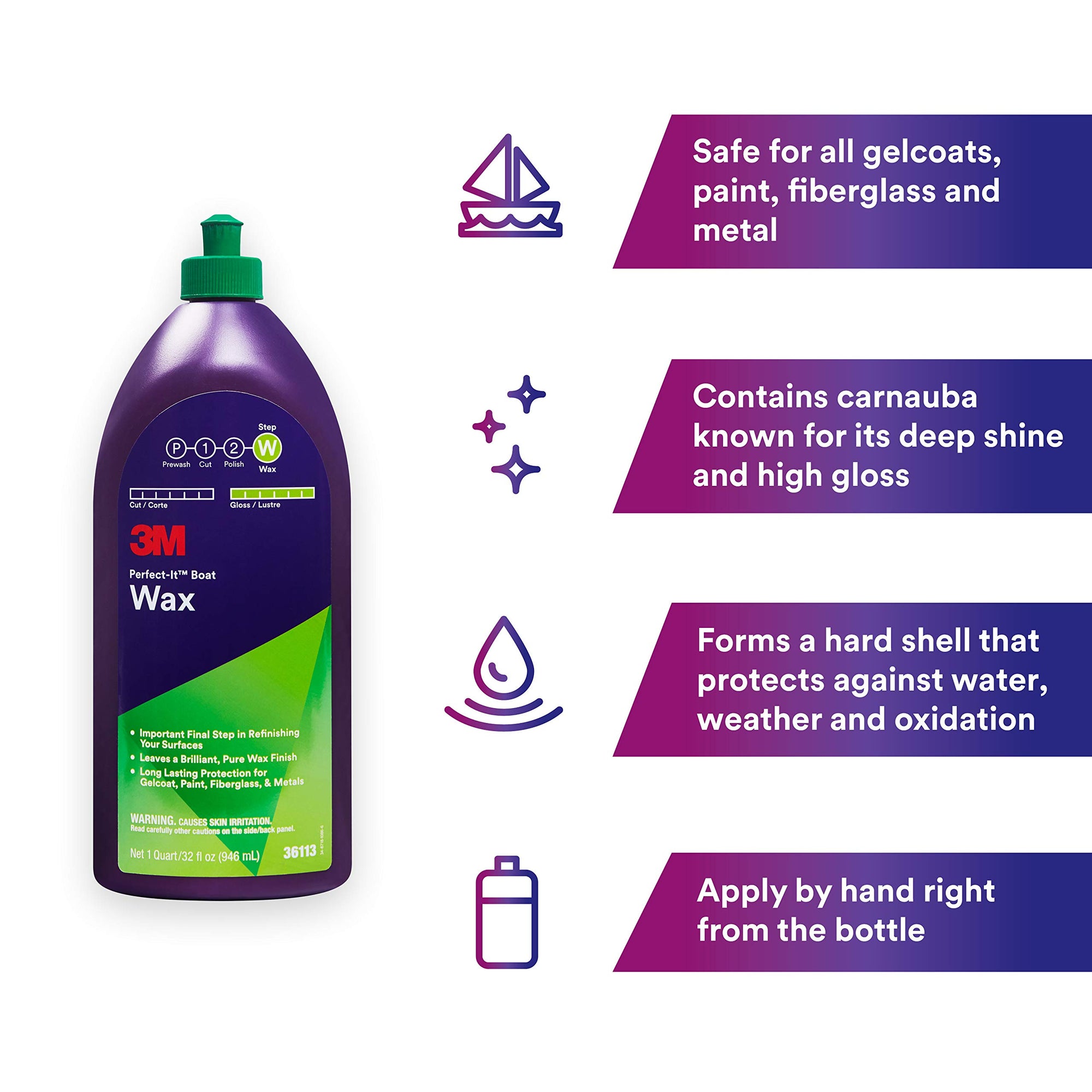 3M Boat Wax Perfect-It, 36113, 1 Quart, Contains Carnauba Wax, Protects against Weather and Oxidation, For Boats and RVs