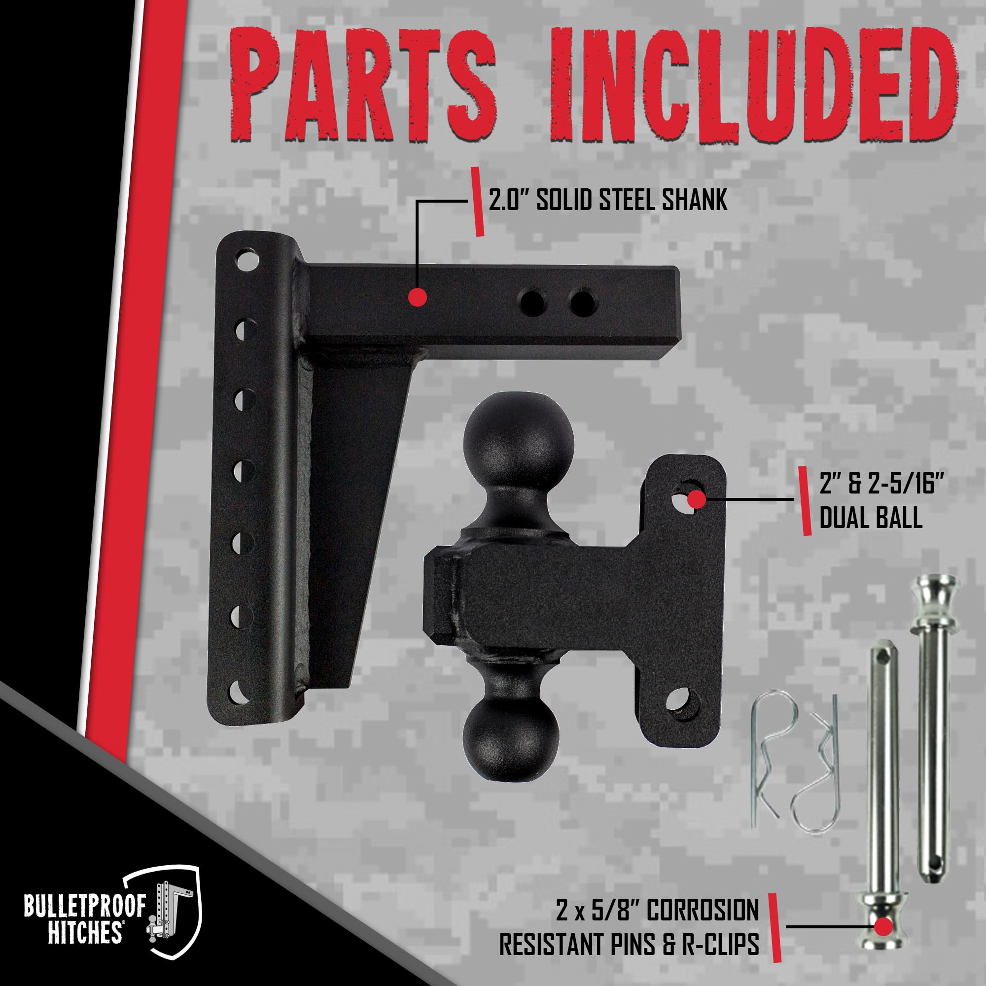 2.0" BulletProof Hitches Adjustable Heavy Duty Trailer Hitch (22,000 lb. Rating) - 8" Drop/Rise Trailer Hitch with 2" & 2-5/16" Dual Ball - Powder Coat, Solid Steel, Corrosion-Resistant