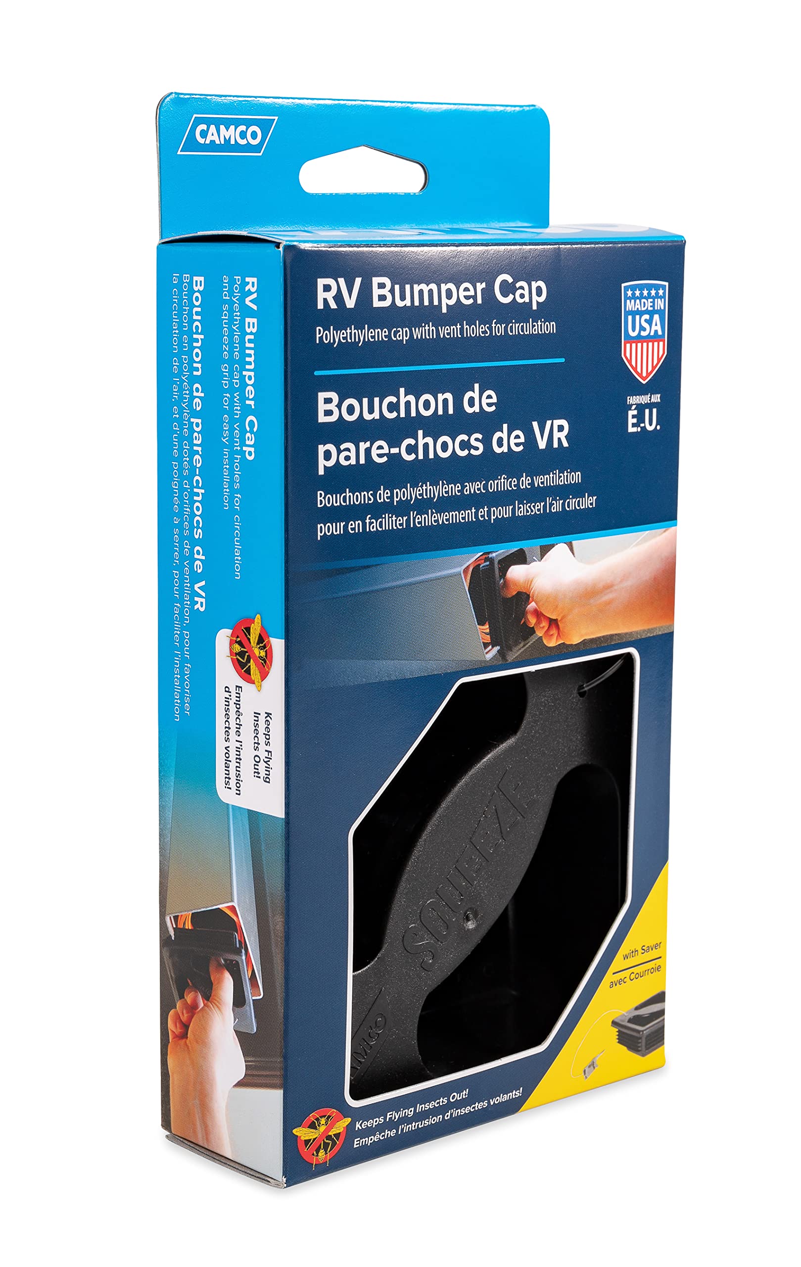 Camco Bumper Cap No Insect with Saver | Features Small Holes to Increase Airflow and Block Insects | Easy Installation and Removal | Fits Standard RV 4-inch Square Bumpers | Black (40324)