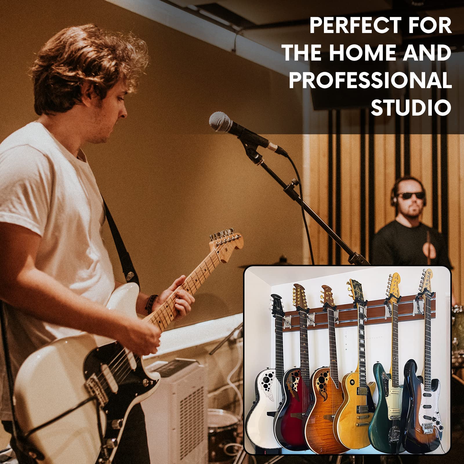 Guitar Wall Mount Horizontal + 8 Guitar Hooks: Guitar Hanger & Guitar Rack Wall Mount Guitar Holder Stand, Ukulele Hangers, Banjo Wall Mount Guitar Accessories & Violin Organizer -95” Black