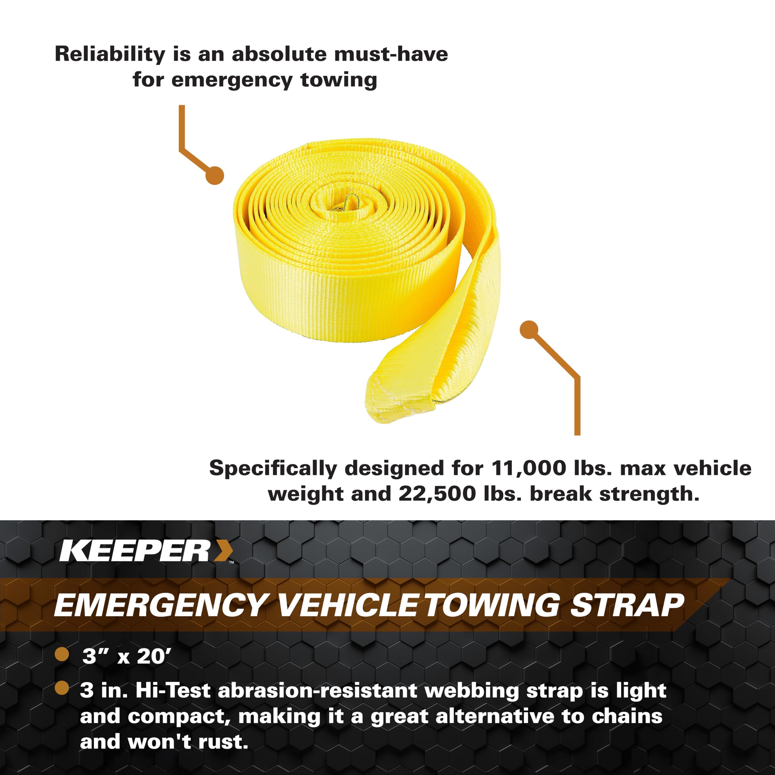 Tow Straps Keeper Heavy Duty with Loops - 3" x 20' Towing and Recovery Rope, 22,500 lbs Break Strength - Designed for Trucks, SUVs, and Off-Road Recovery