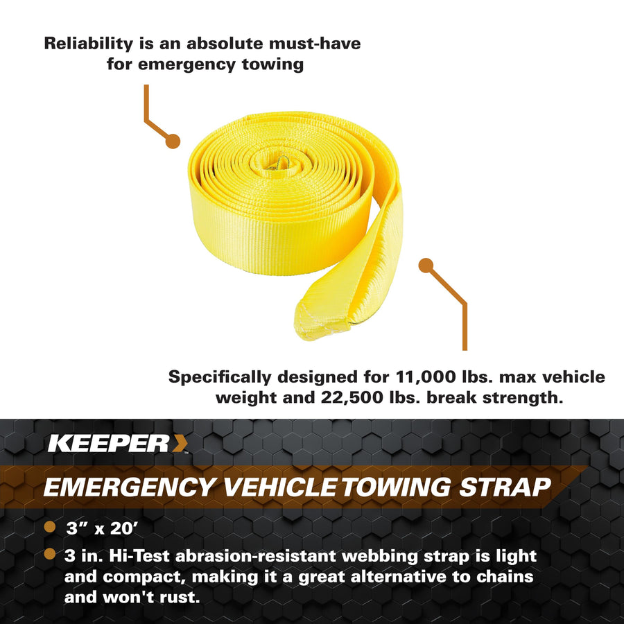 Tow Straps Keeper Heavy Duty with Loops - 3" x 20' Towing and Recovery Rope, 22,500 lbs Break Strength - Designed for Trucks, SUVs, and Off-Road Recovery
