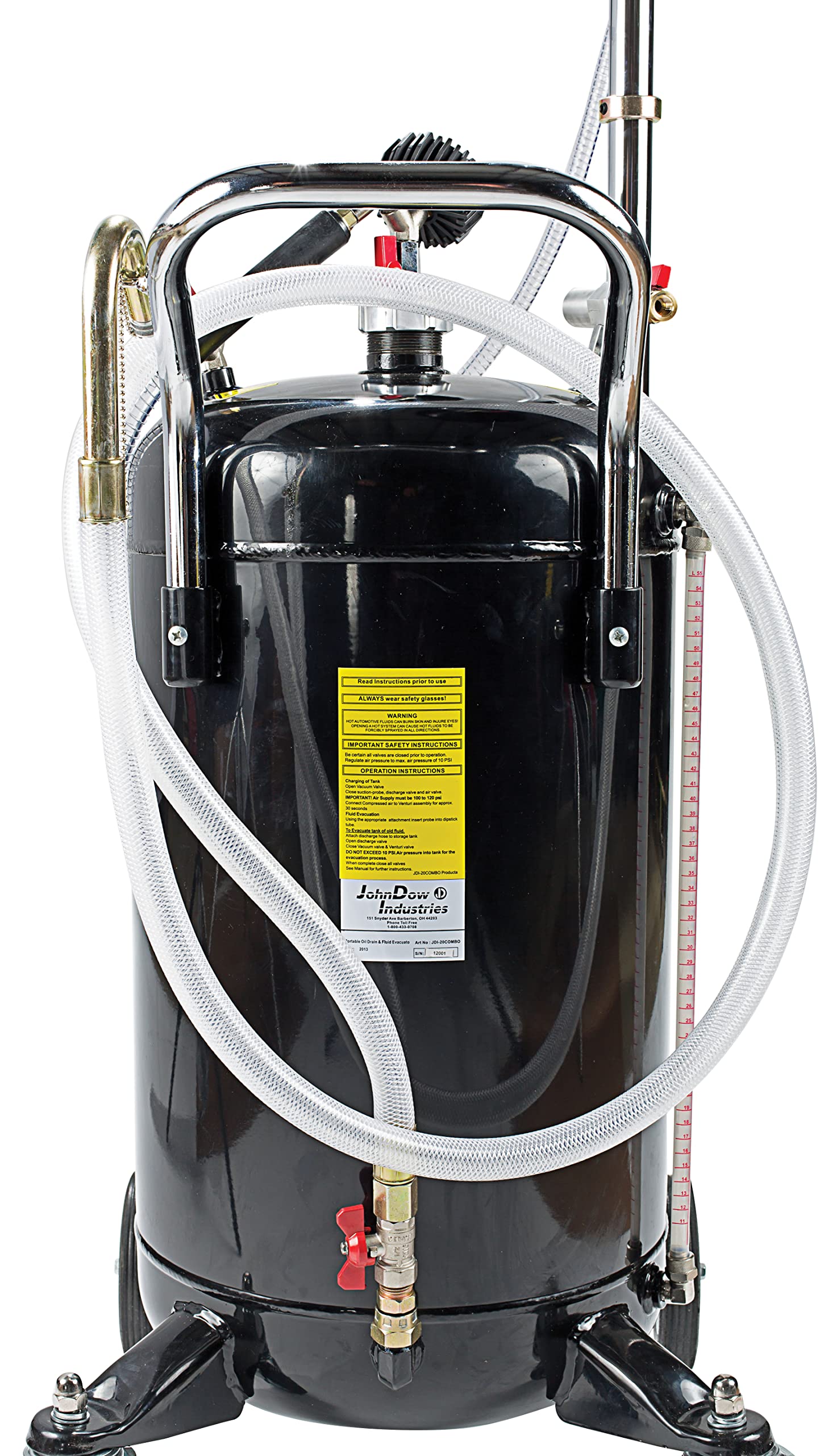 JDI-20COMBO JohnDow Industries Combination Fluid Evacuator and Used Oil Drain, Self-Evacuating, 6 Foot Nylon Reinforced Discharge Hose with J-Hook, 20 Gallon Capacity