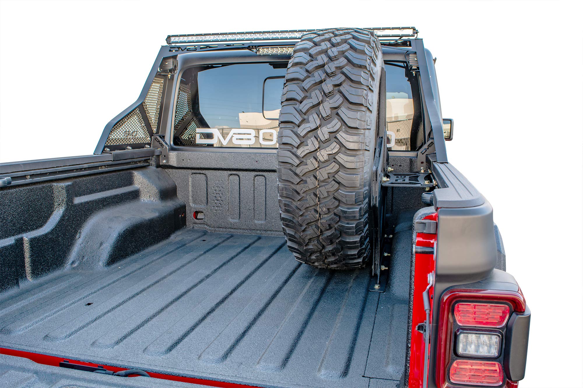 Spare Tire Mount DV8 Offroad for The 2020-2025 Jeep Gladiator JT | Vertical in-Bed Design | Accommodates up to 42" Tire | Mounts Either Bed Rail | Powder Coat Finish
