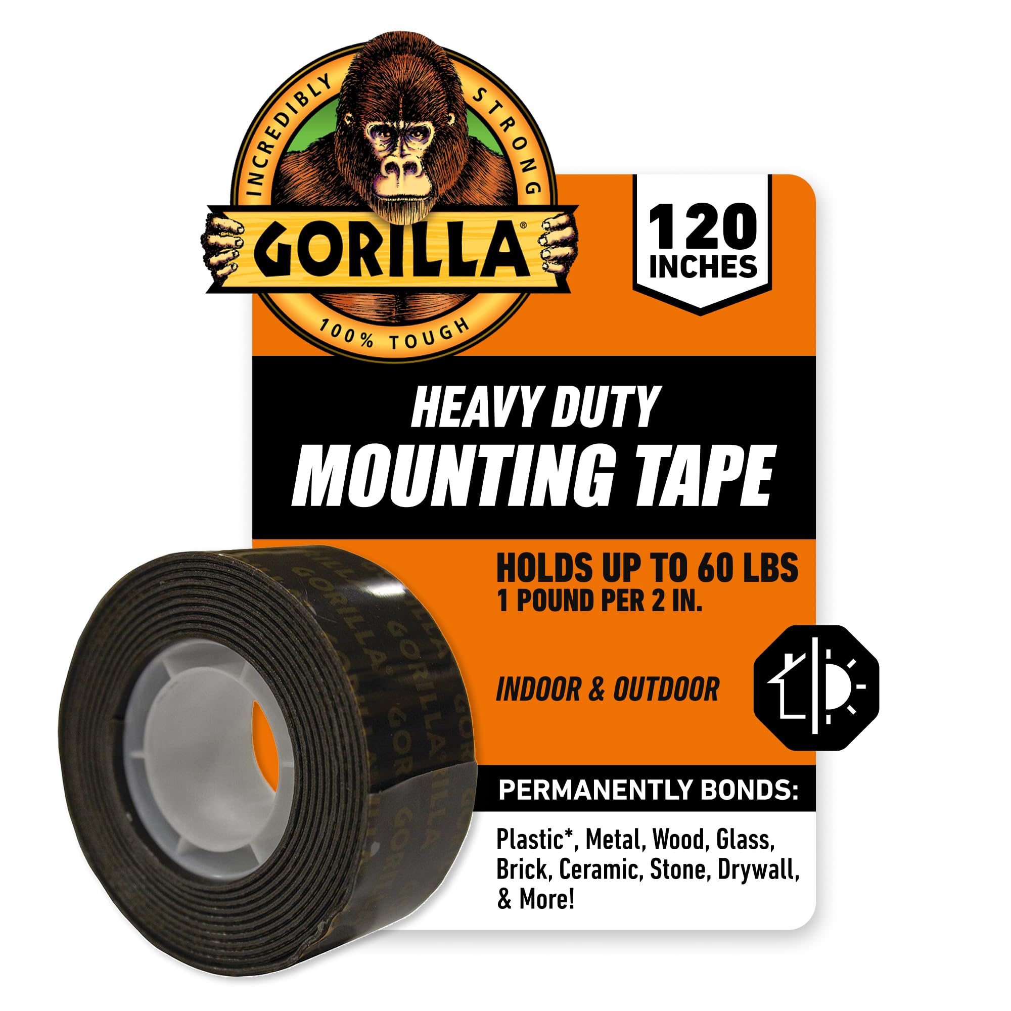 Heavy Duty Gorilla Double Sided Mounting Tape, Black Tape, 1" x 120" (Pack of 1) - Weatherproof for Indoor or Outdoor
