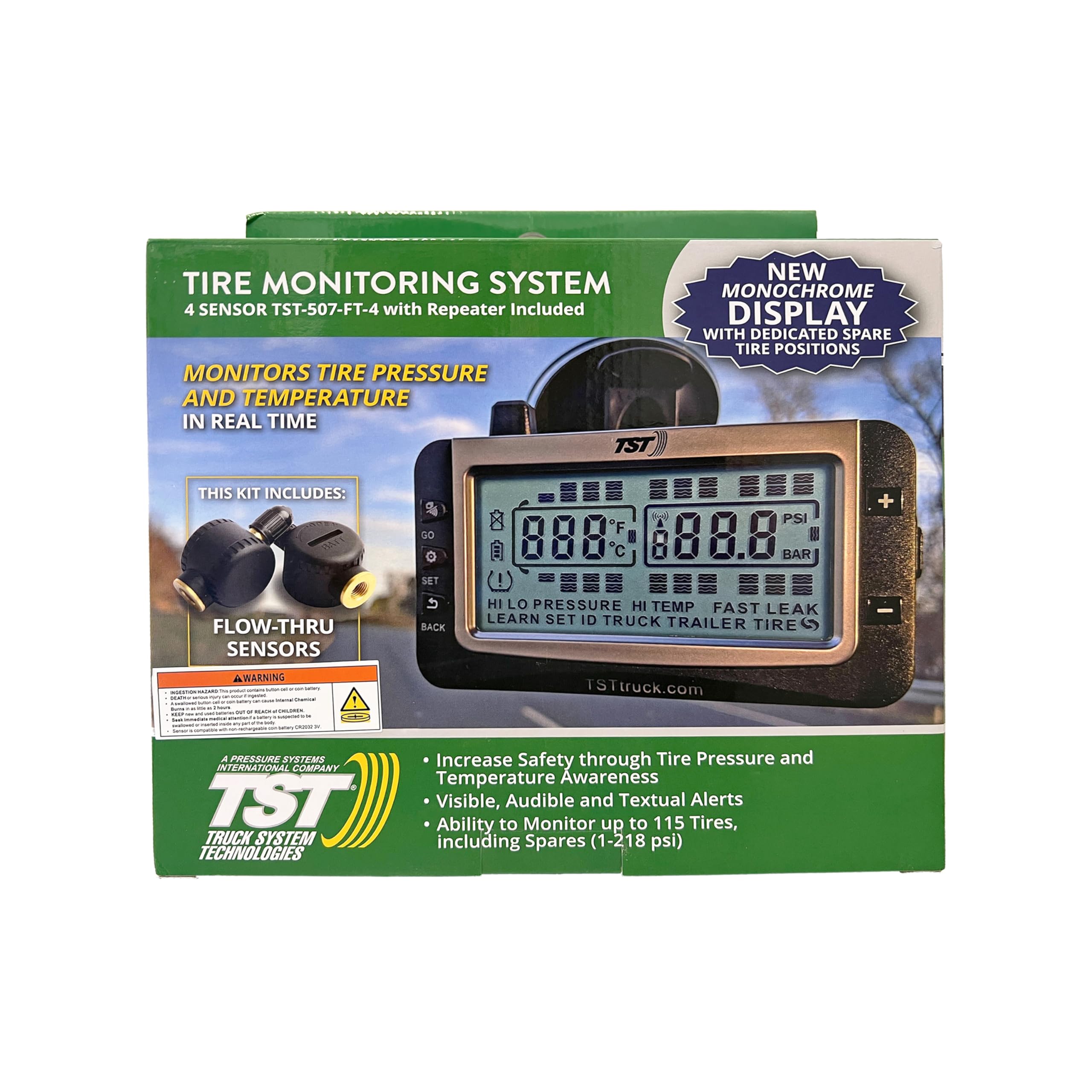 4 Sensor TST 507 Flow Through Tire Monitoring System with Monochrome Display - Handles Multiple Trailers