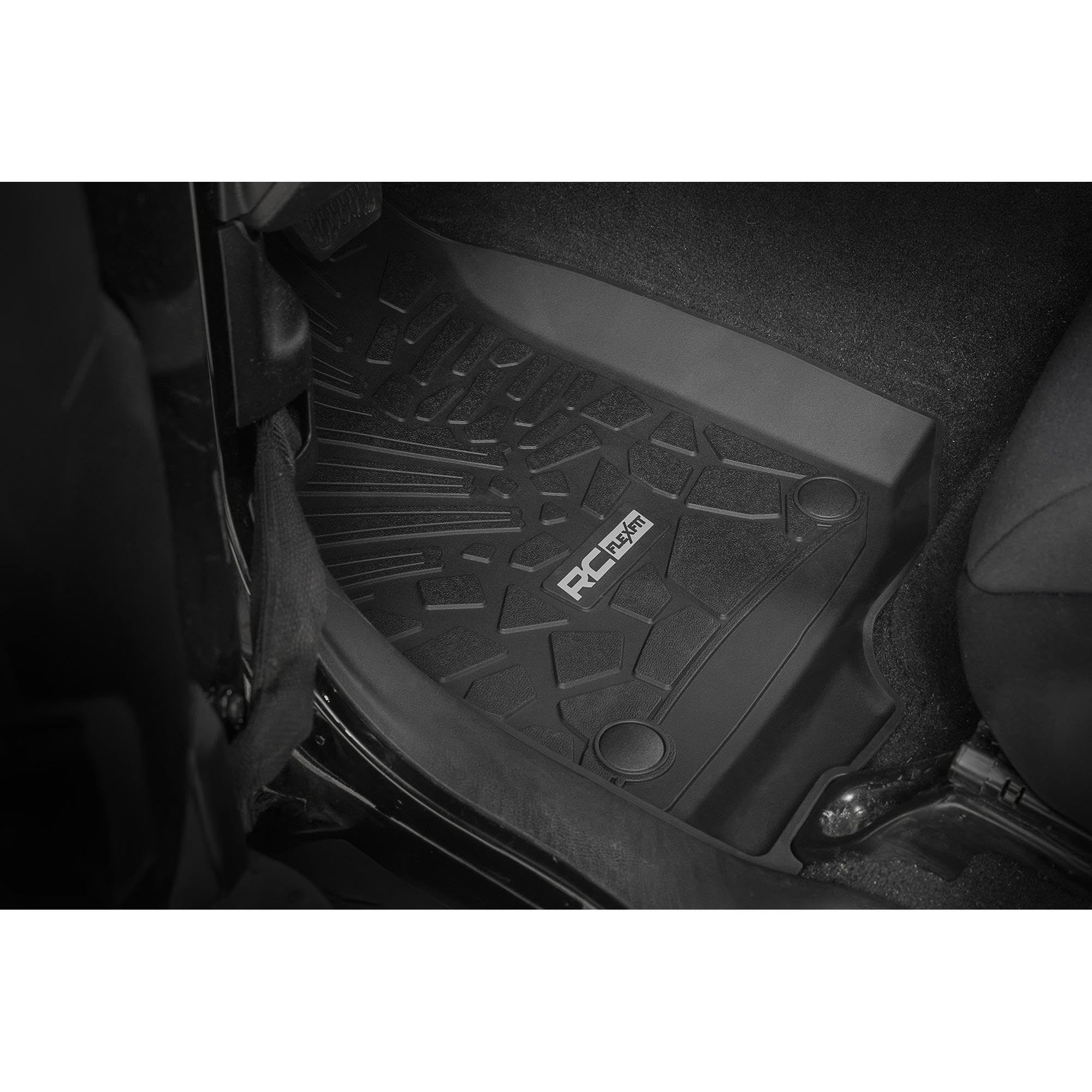 Rough Country Front Floor Mats Flex-Fit for Jeep Wrangler JL Unlimited 4-Door (2018-2025) - Front & Rear Set, Custom All-Weather Non-Slip TPE Liners w/Spill Saver Lip