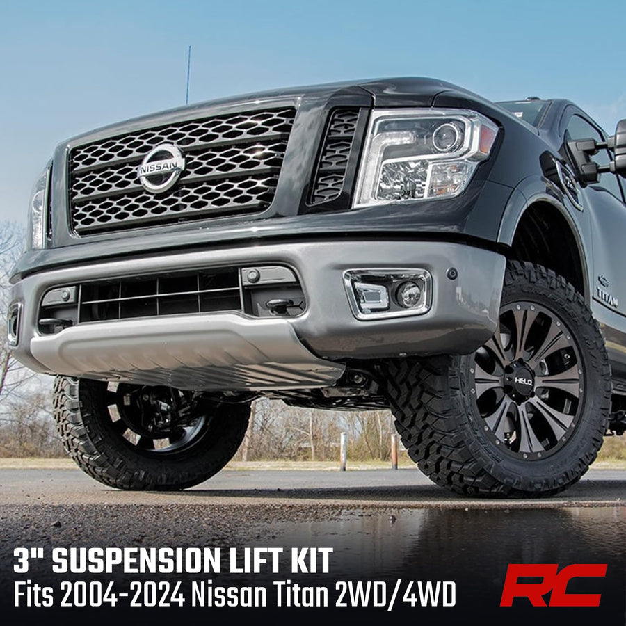 3" Rough Country Suspension Lift Kit for Nissan Titan 2WD/4WD (2004-2024) - Wheel Spacers & N3 Rear Shocks, Red Control Arms