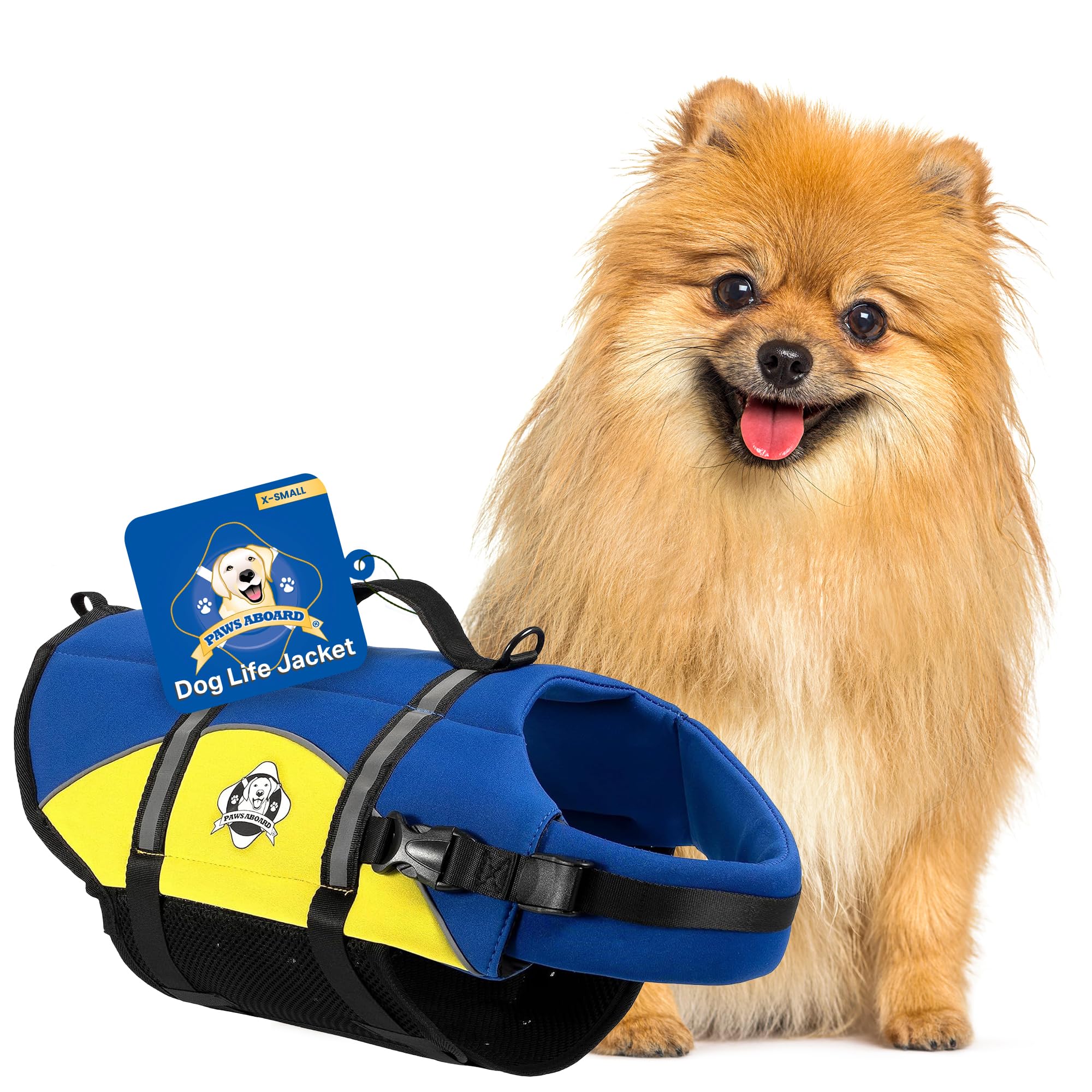 Dog Life Jacket Paws Aboard - Swimming Vest for Dogs, Adjustable, Reflective, Comfortable, Multiple Colors, Patterns, XX-Small to Extra Large Dog Swim Vest with Handle (Blue & Yellow, X-Small)