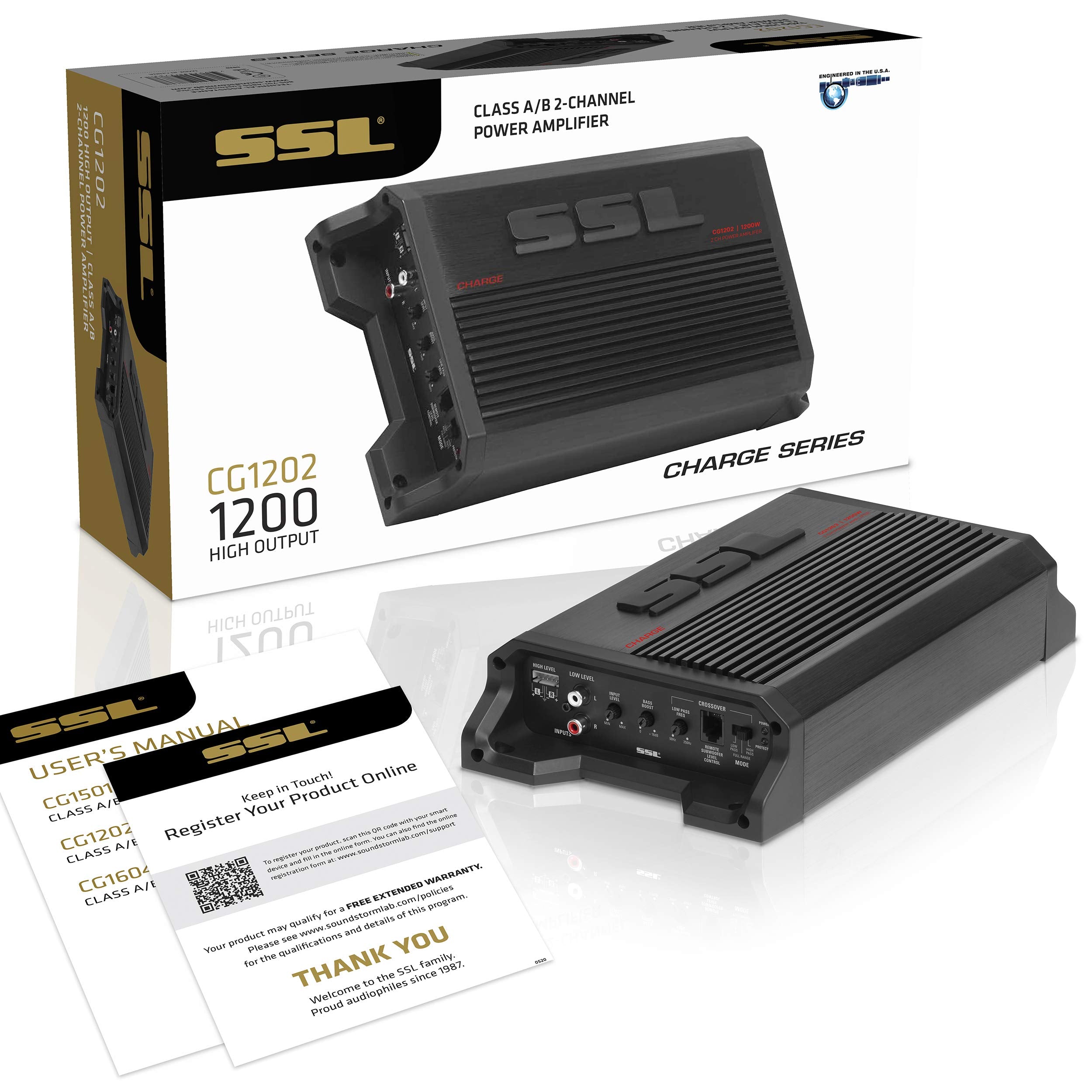 Sound Storm Laboratories Charge Series CG1202 2 Channel Car Audio Amplifier - 1200 High Output, 2-8 Ohms, High/Low Level Inputs, High/Low Pass Crossover, Bridgeable, Hook Up to Subwoofer for Bass