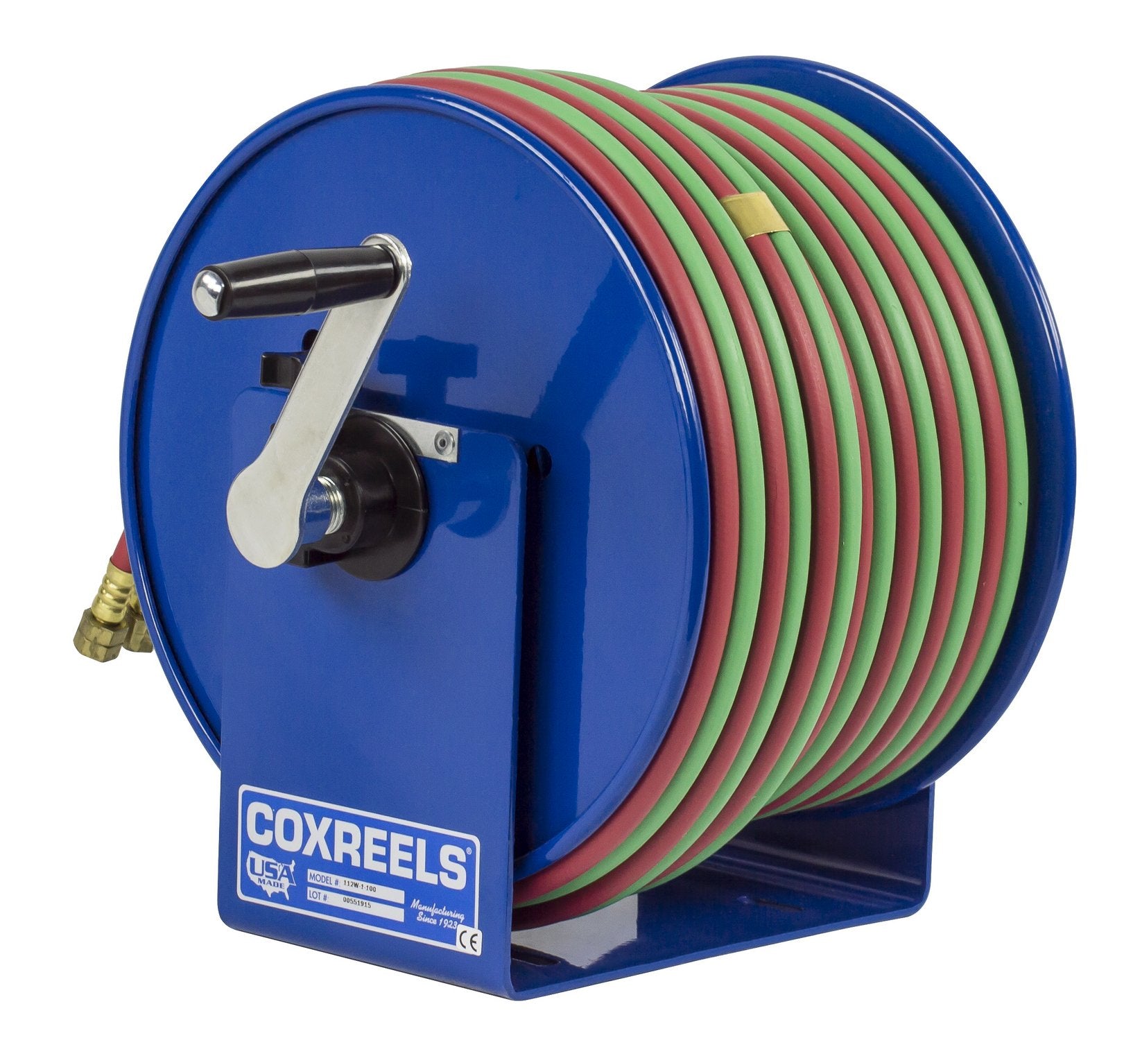 Coxreels Hand Crank Steel Welding Hose Reel 112W-1-100, 100W Series, ¼” x 100’, 200 PSI - Oxy-Acetylene Welding Hose - Easy-to-Use Compact Design - Heavy-Duty Steel Construction, Made in the USA, Blue