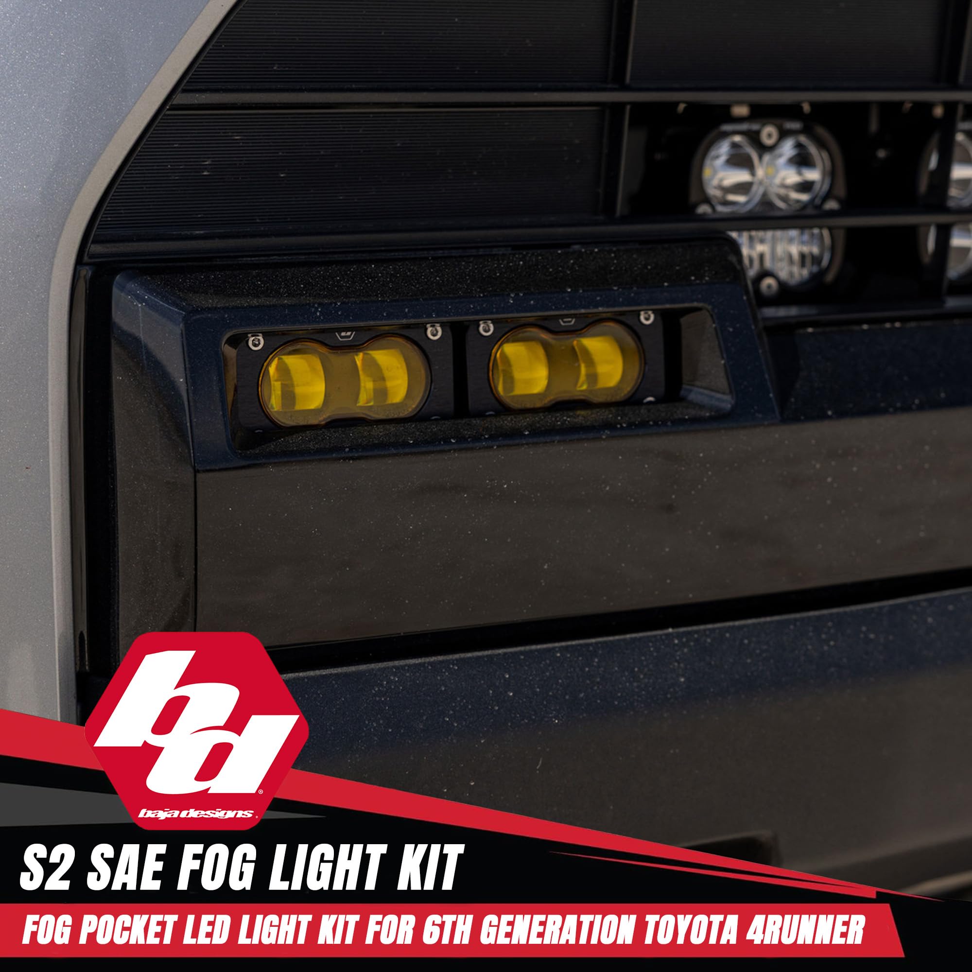 Baja Designs S2 LED Fog Light Kit SAE for Toyota 4Runner 2025+ (Non-TRD Pro) - Street Legal, 4 PCS LED with Mounting Brackets, Adapter Harness - OEM Switch Compatible (SAE Spot Lens; Baja Amber)