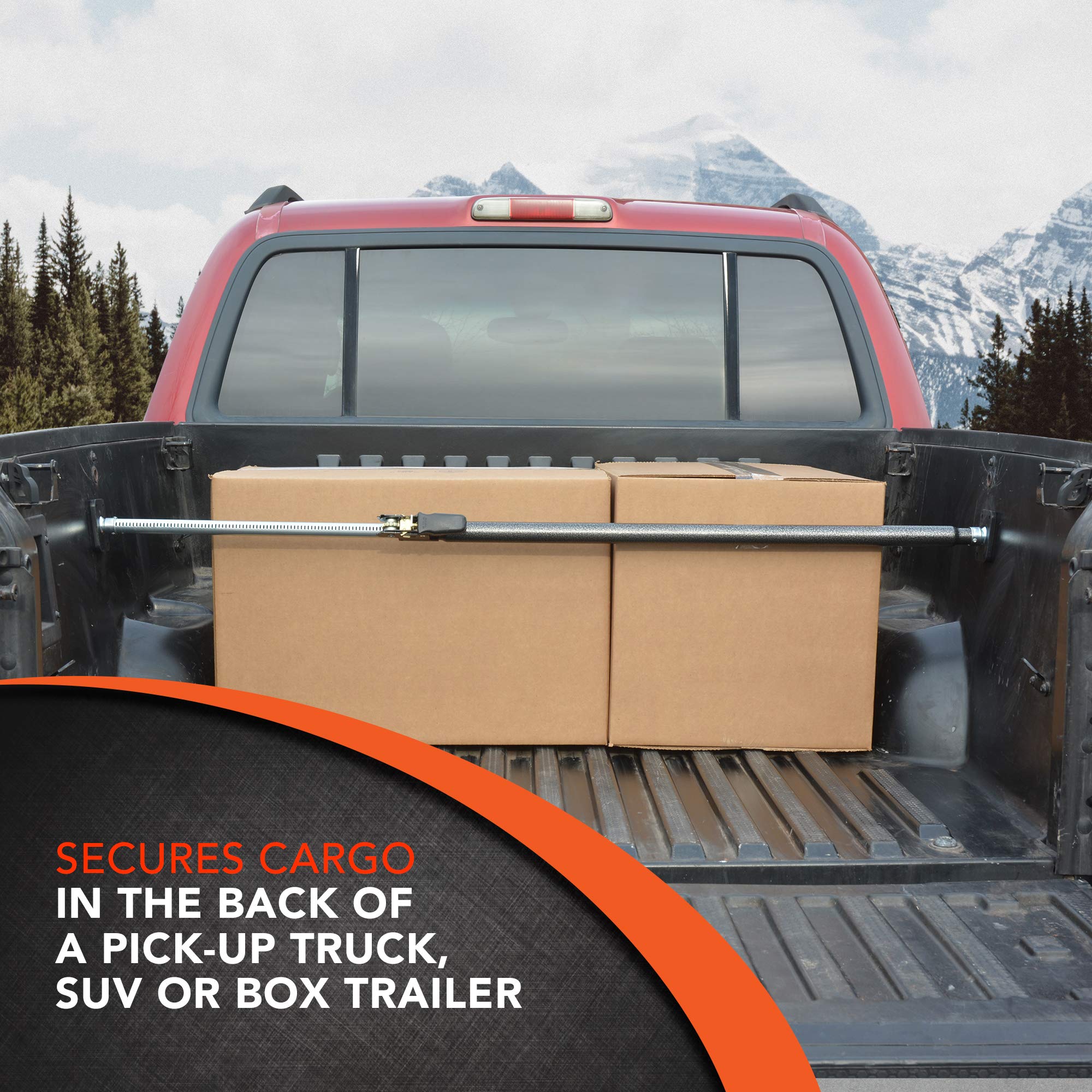 Adjustable CargoSmart Ratcheting Cargo Bar – Size Adjusts from 40” to 70” Wide – Secures Cargo in Back of Pick-Up, SUV or Box Trailer – Heavy-Duty Steel Construction - Easy Install