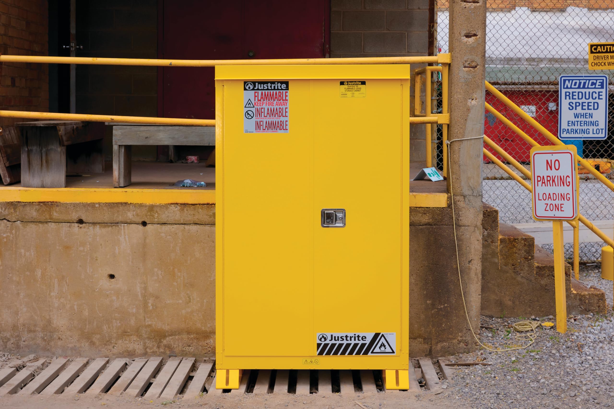 Justrite Outdoor Reinforced Steel Flammable Liquid Storage Cabinet, 2 Shelves with 350 lb. Capacity, 2 Self-Close Door Fire Cabinet, 30 Gallon, 44"x 43"x 18", Made in The USA, Yellow, 813020