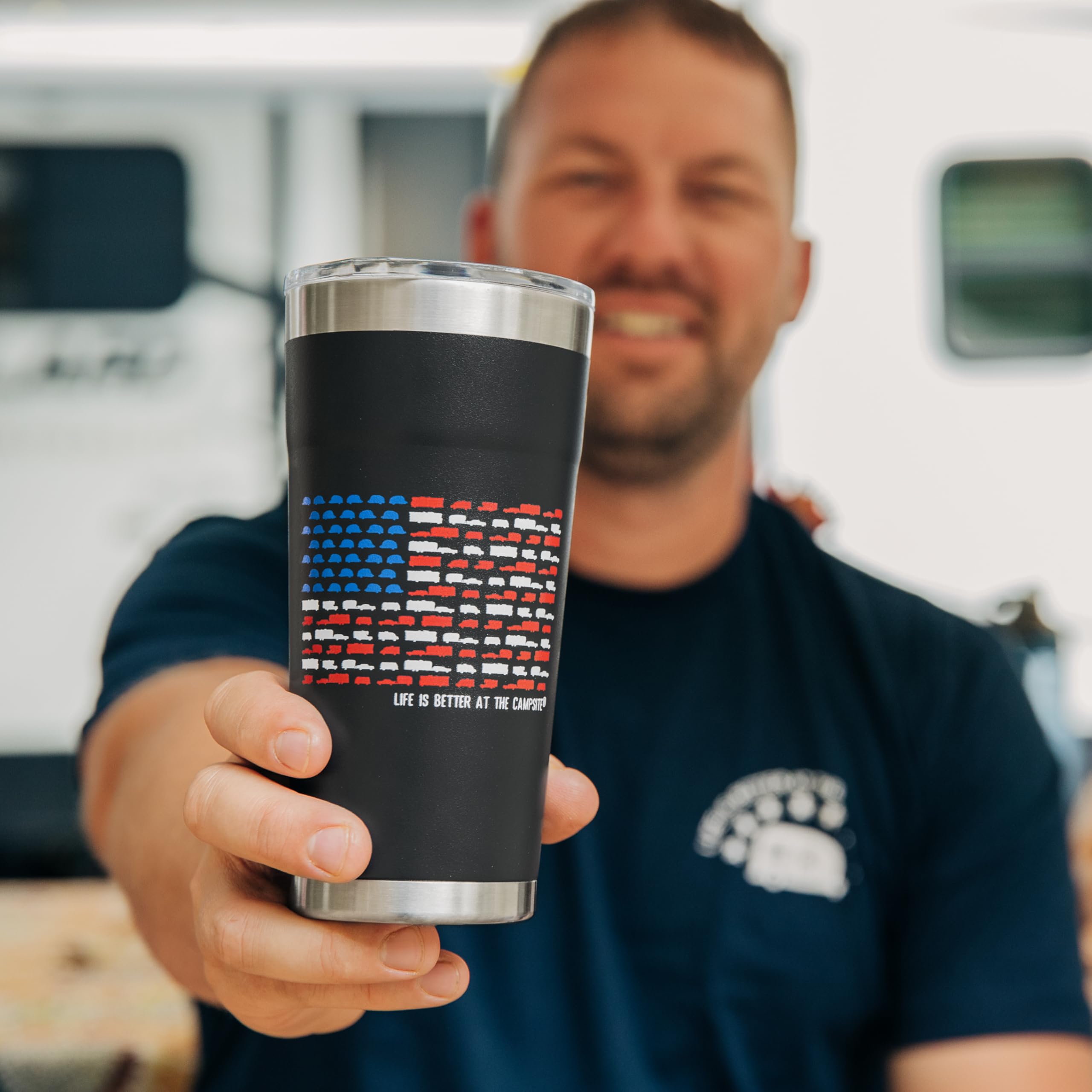 Wrapped Stainless Steel Tumbler Camco Life is Better at The Campsite - Features Double Wall Vacuum Insulation for Heat/Ice Retention & Unique RV USA Flag Design - Holds 20 oz. (53065)