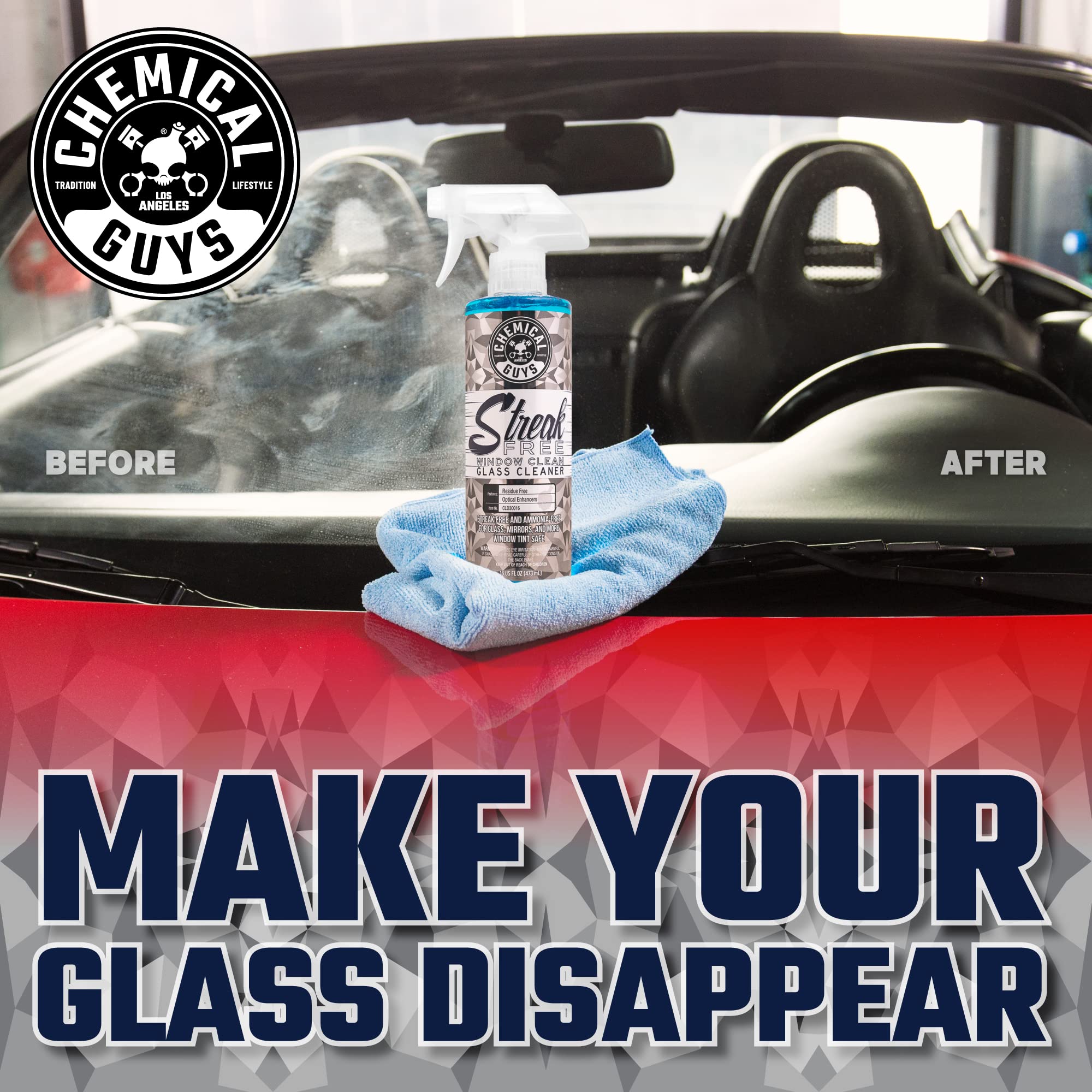 Chemical Guys Streak Free CLD30016 Glass & Window Cleaner (Works on Glass, Windows, Mirrors, Navigation Screens & More; Car, Truck, SUV and Home Use), Ammonia Free & Safe on Tinted Windows, 16 fl oz